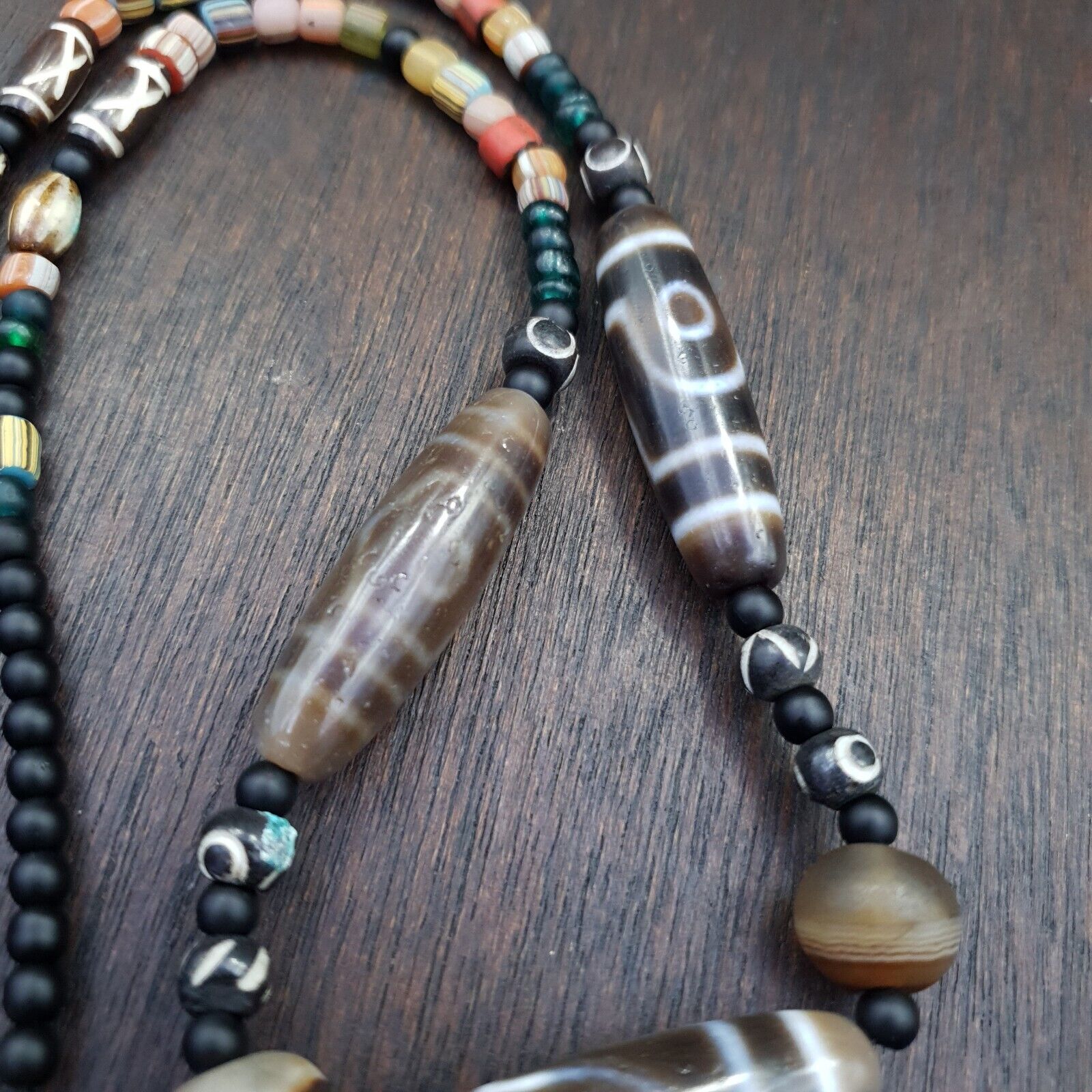 Antique Tibetan Nepalese Eyes Antique Agate Suleimani & Dzi Bead Amulet Necklace