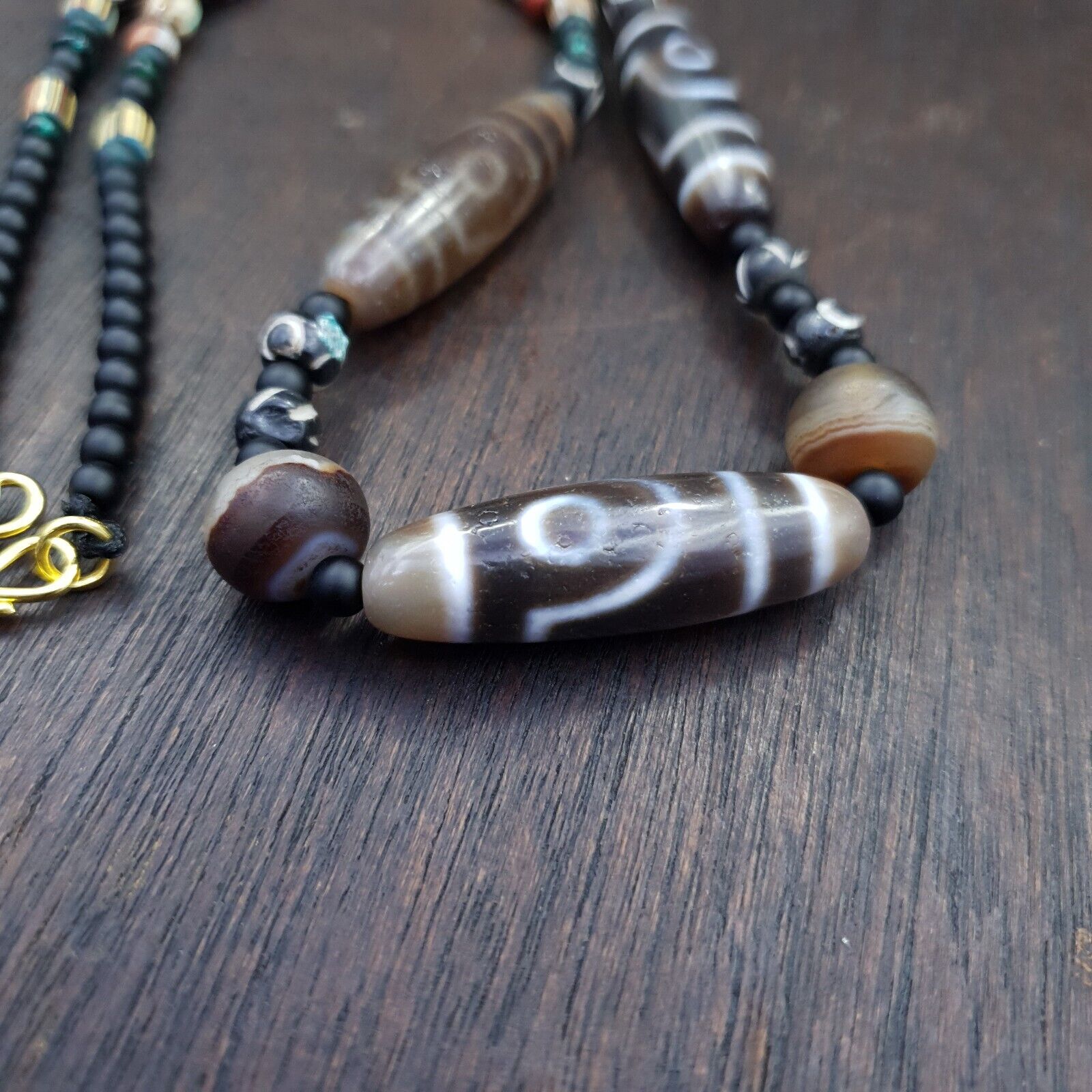 Antique Tibetan Nepalese Eyes Antique Agate Suleimani & Dzi Bead Amulet Necklace