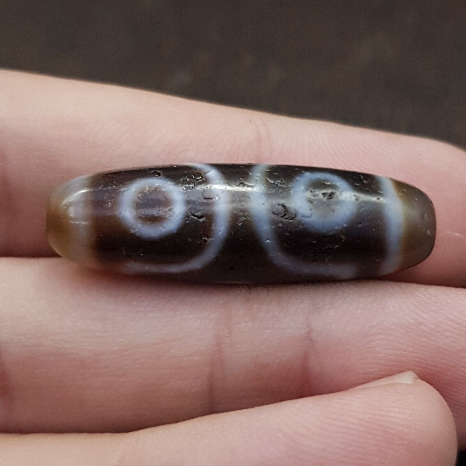 Tibetan Nepalese Triple Eyes Antique Agate stone Dzi Bead Amulet HQ-A-6