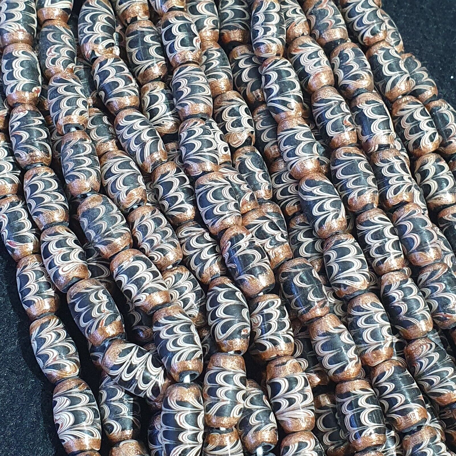 Vintage Aventurine Black Fancy Feather glass beads 15x8.5mm 24" Necklace