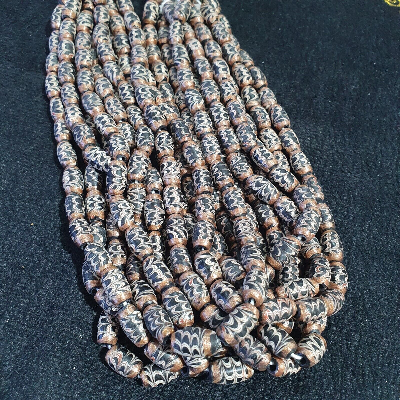 Vintage Aventurine Black Fancy Feather glass beads 15x8.5mm 24" Necklace