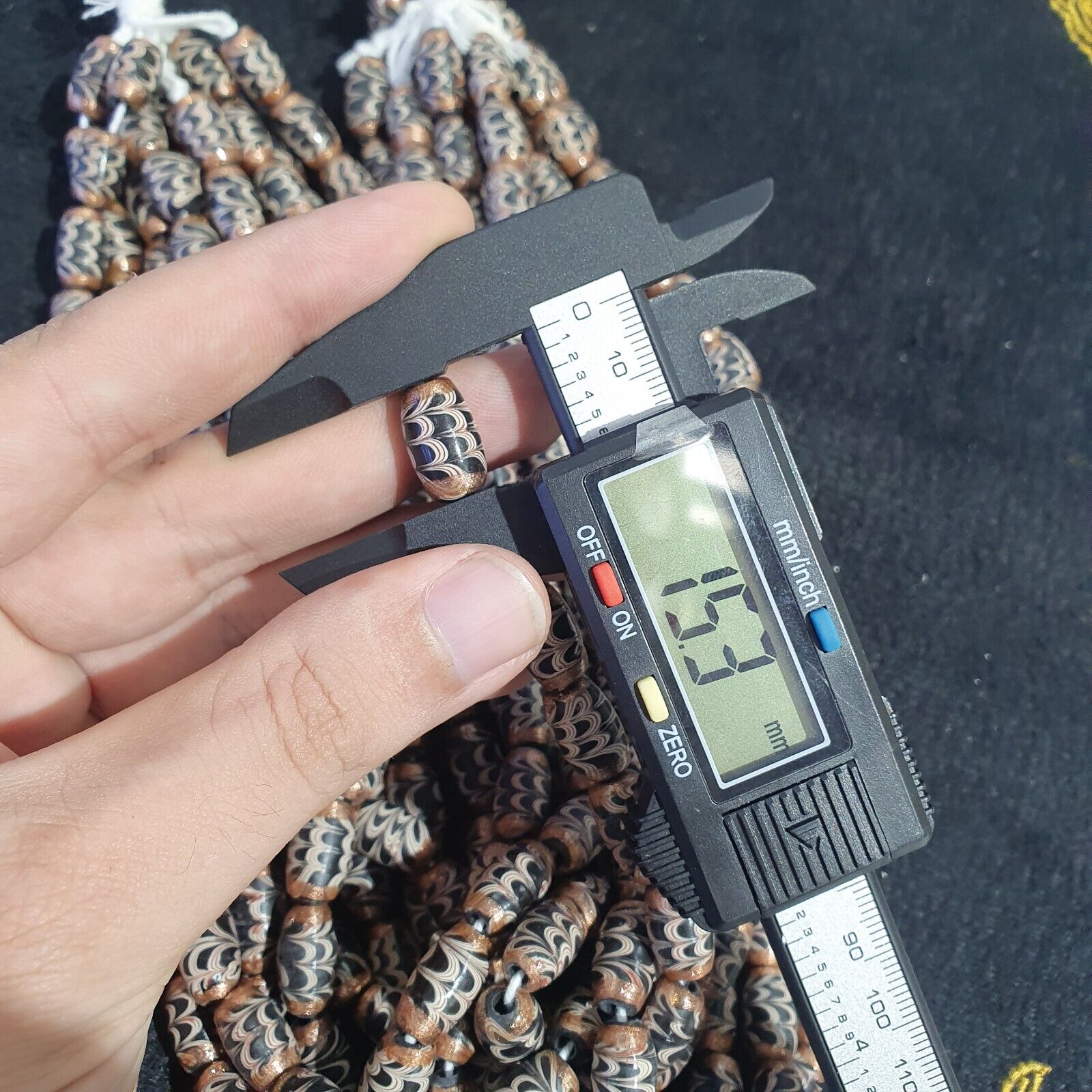 Vintage Aventurine Black Fancy Feather glass beads 15x8.5mm 24" Necklace