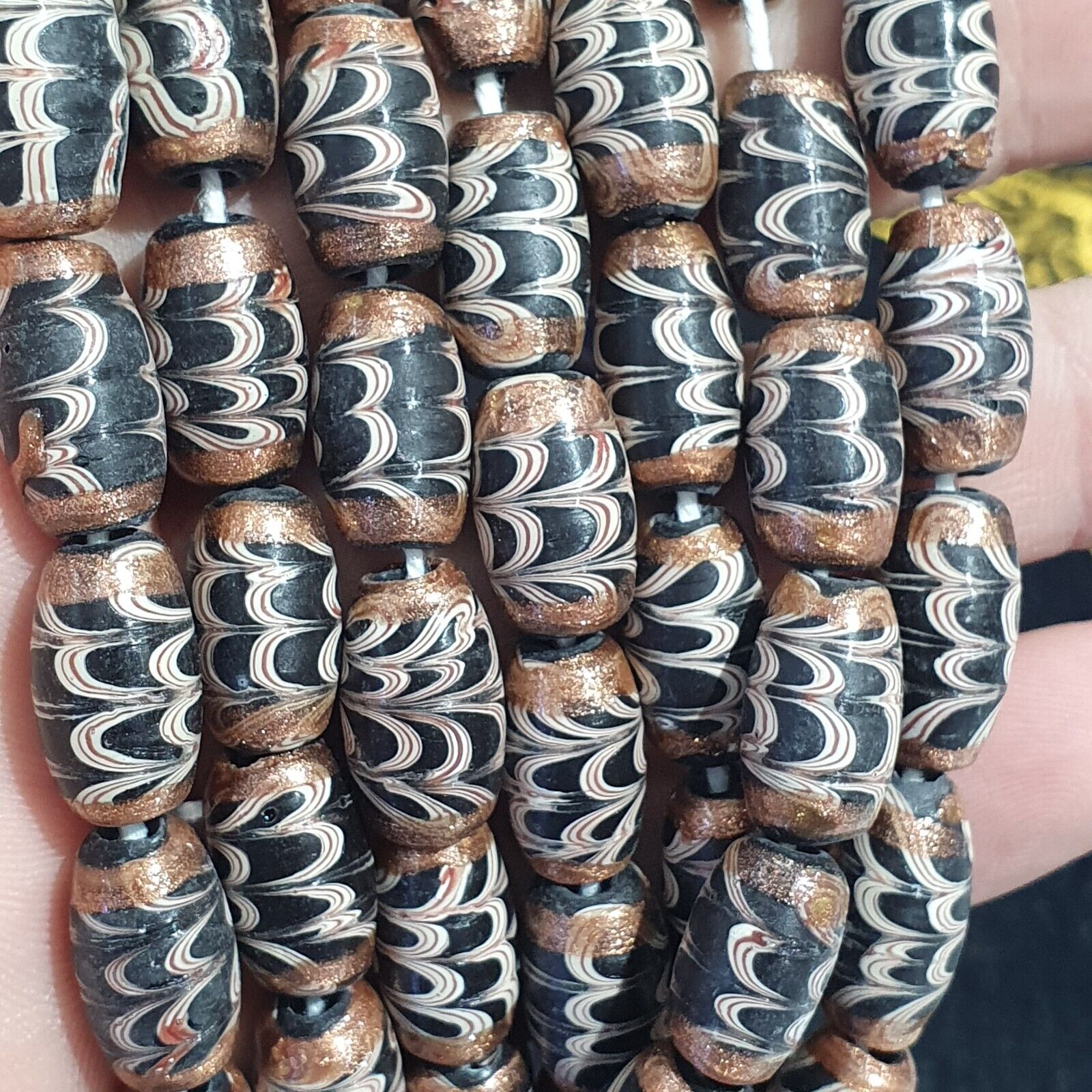 Vintage Aventurine Black Fancy Feather glass beads 15x8.5mm 24" Necklace