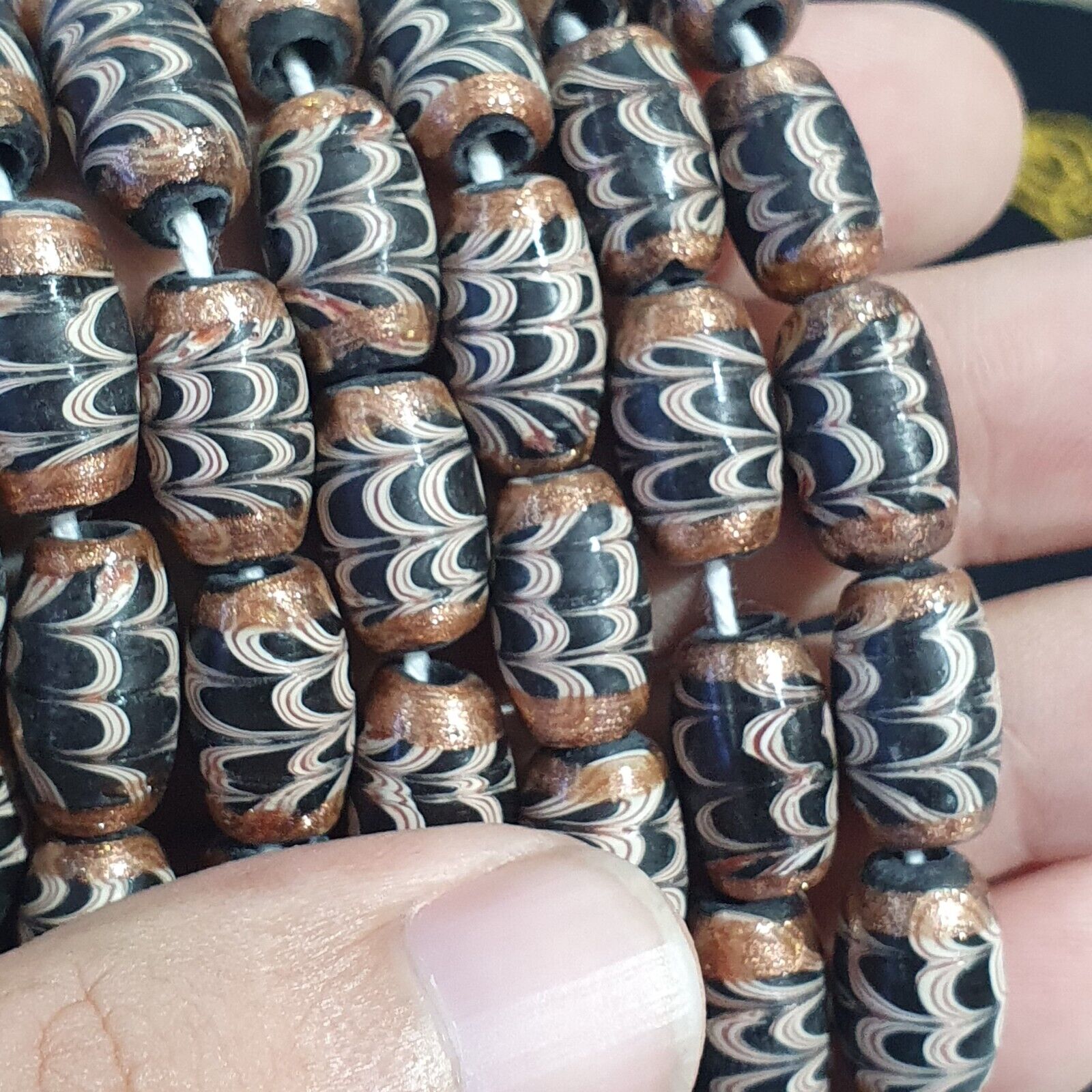 Vintage Aventurine Black Fancy Feather glass beads 15x8.5mm 24" Necklace