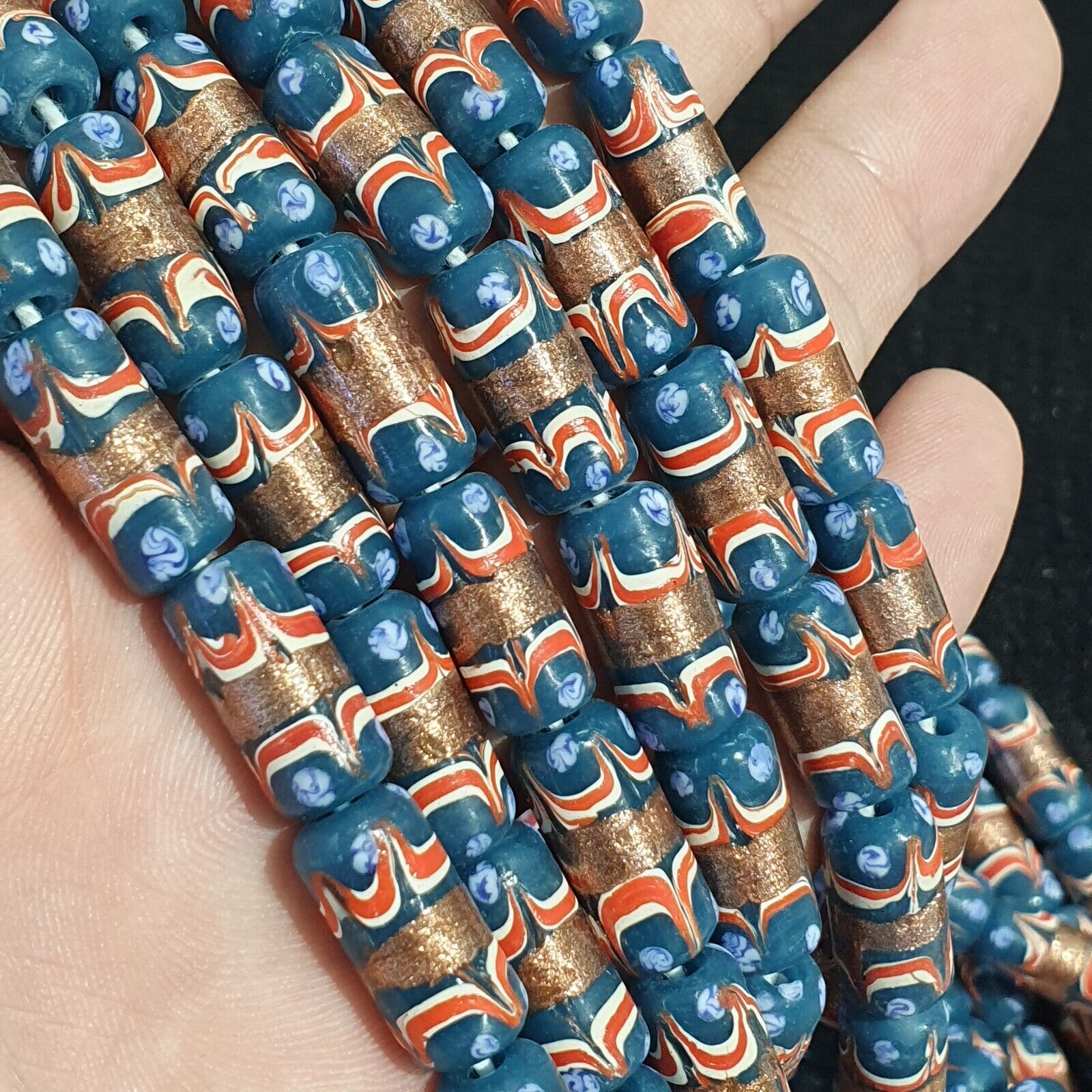 Vintage Blue Fancy Aventurine Glass beads Strand 17x7.5mm