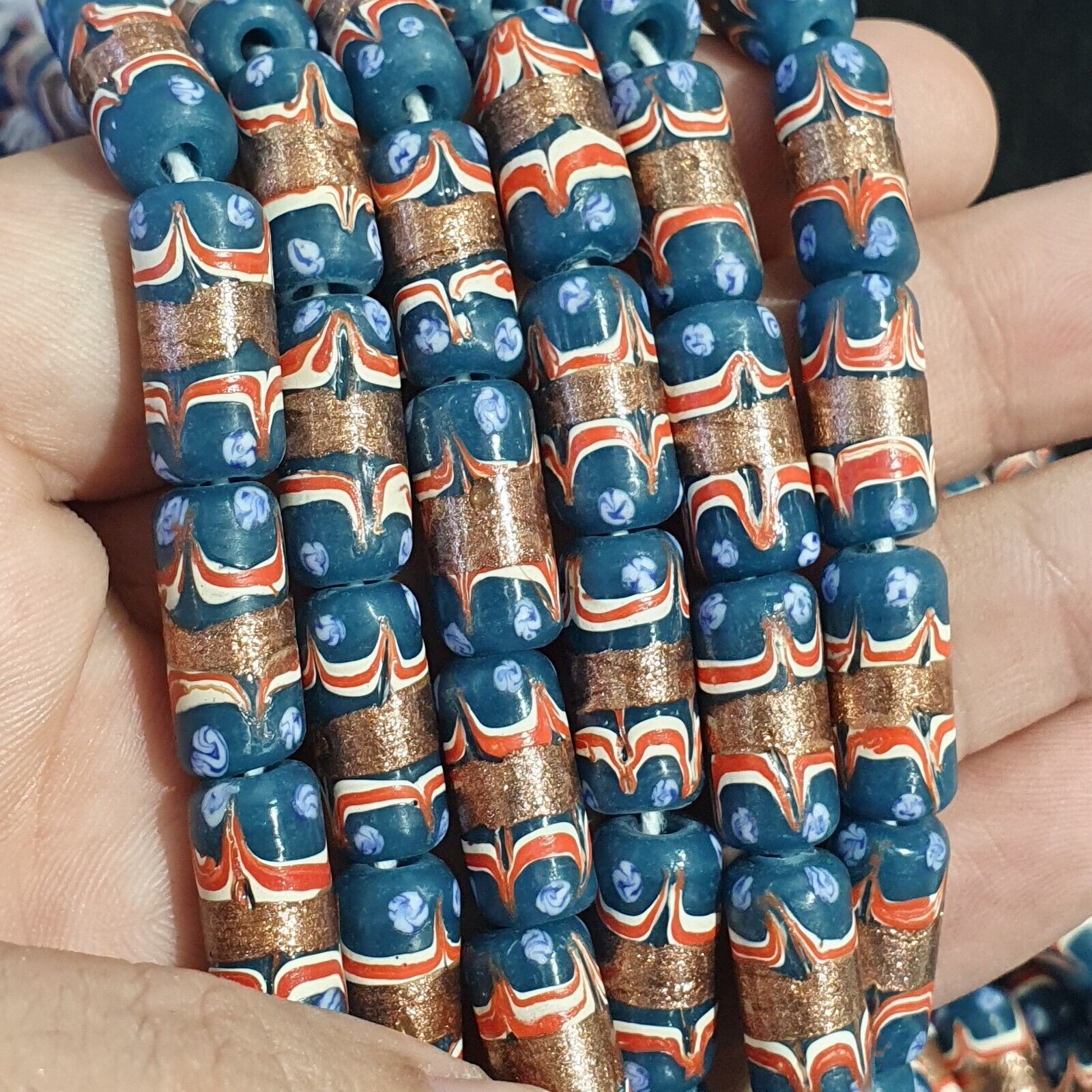 Vintage Blue Fancy Aventurine Glass beads Strand 17x7.5mm