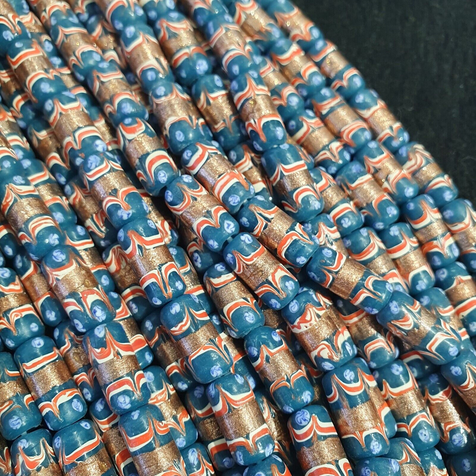 Vintage Blue Fancy Aventurine Glass beads Strand 17x7.5mm