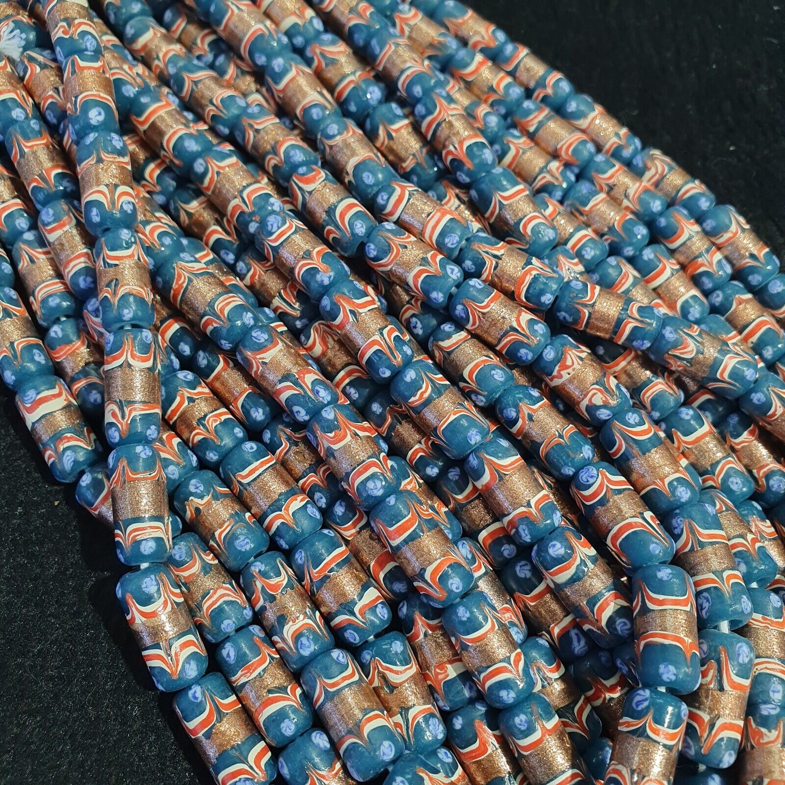 Vintage Blue Fancy Aventurine Glass beads Strand 17x7.5mm