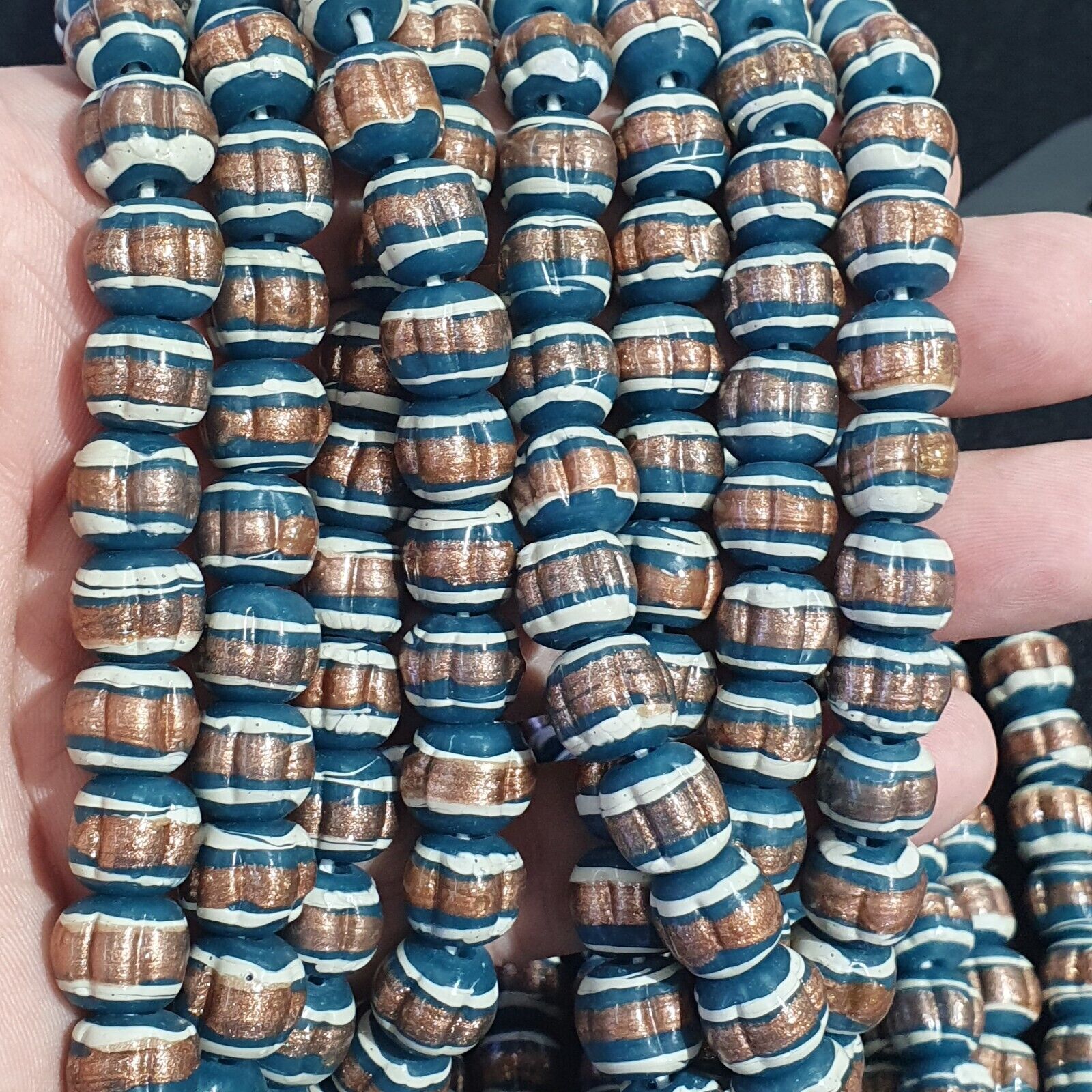 Vintage Venerano ART blue Fancy Aventurine GLASS BEADS Strand
