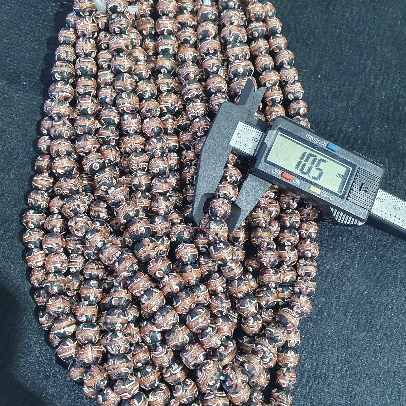 Vintage Aventurine Millefiori Black Fancy Feather glass beads 10mm 24" Necklace