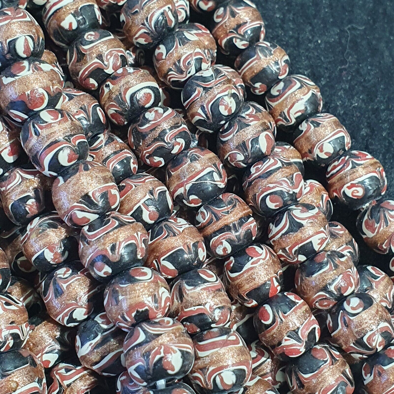 Vintage Aventurine Millefiori Black Fancy Feather glass beads 10mm 24" Necklace