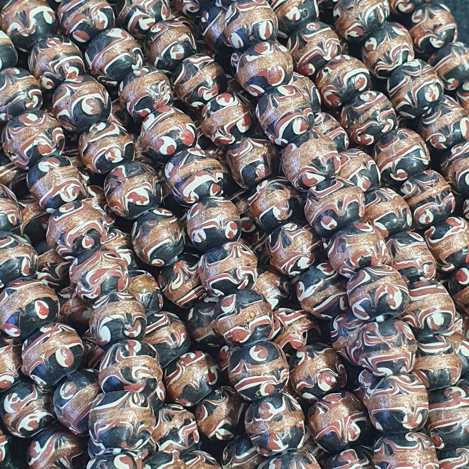 Vintage Aventurine Millefiori Black Fancy Feather glass beads 10mm 24" Necklace