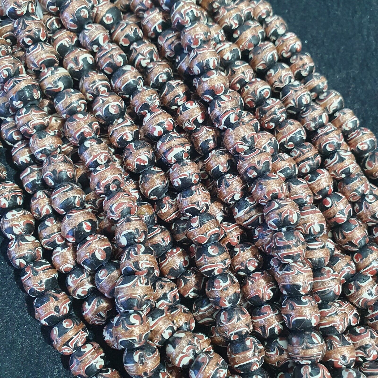 Vintage Aventurine Millefiori Black Fancy Feather glass beads 10mm 24" Necklace