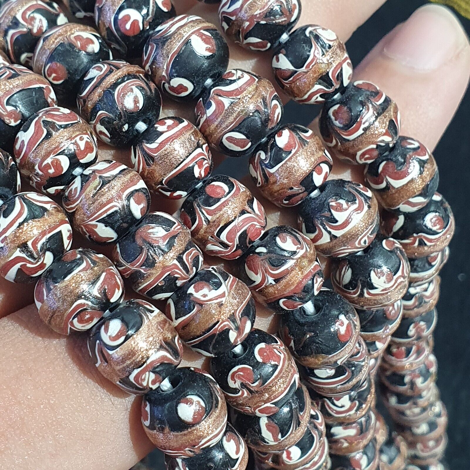 Vintage Aventurine Millefiori Black Fancy Feather glass beads 10mm 24" Necklace