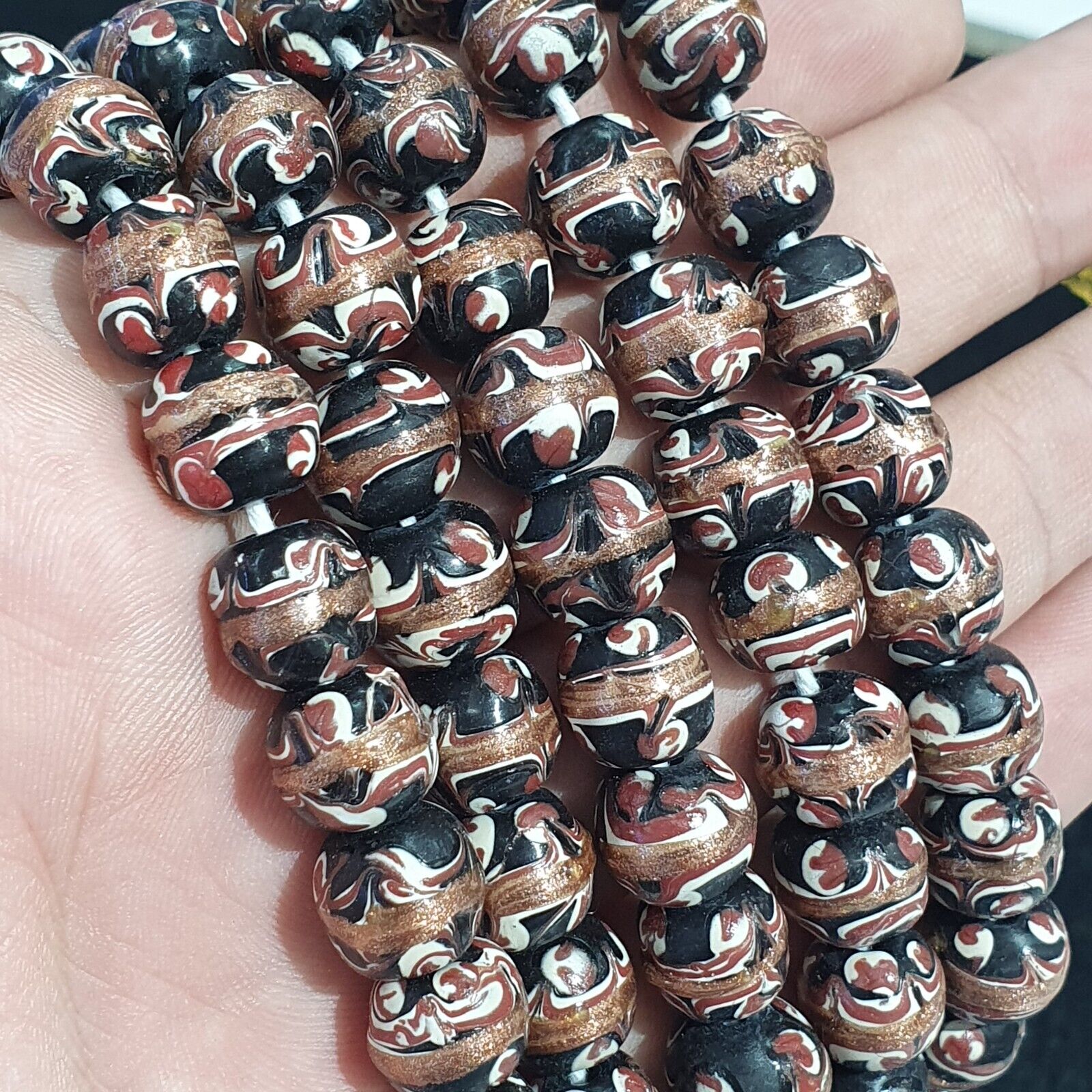 Vintage Aventurine Millefiori Black Fancy Feather glass beads 10mm 24" Necklace