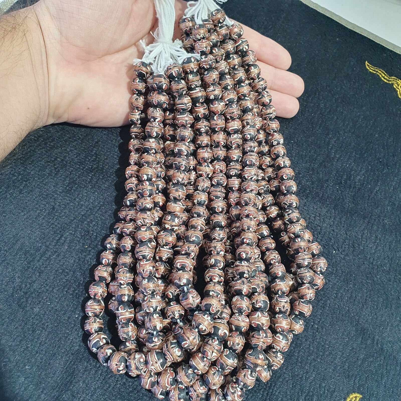 Vintage Aventurine Millefiori Black Fancy Feather glass beads 10mm 24" Necklace