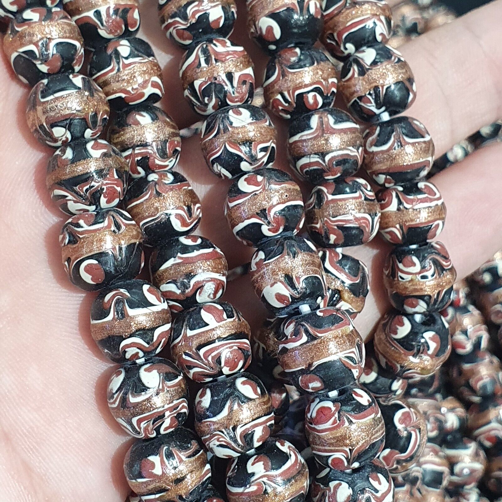 Vintage Aventurine Millefiori Black Fancy Feather glass beads 10mm 24" Necklace