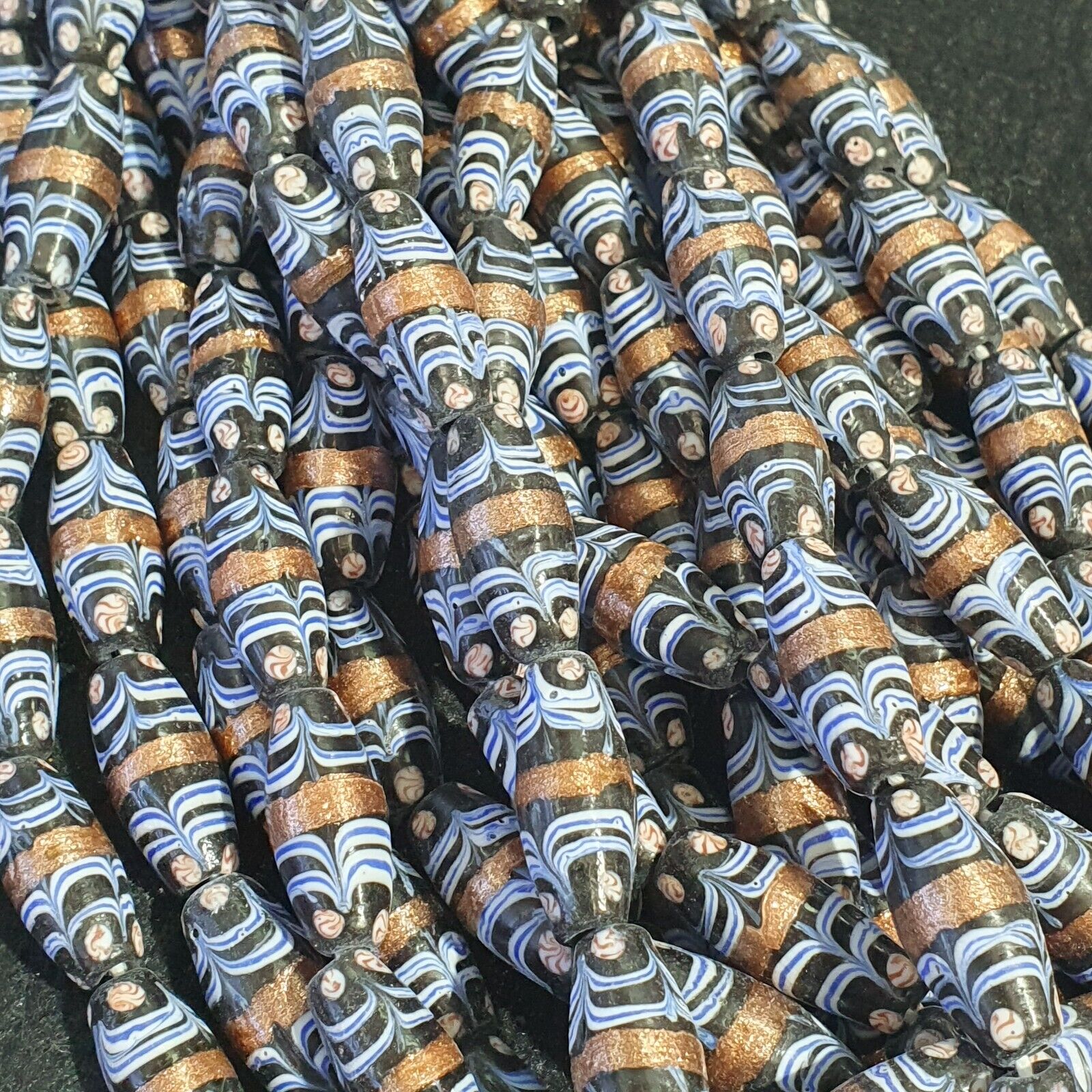 Vintage Blue Fancy Aventurine Glass beads Strand 23x10.5mm