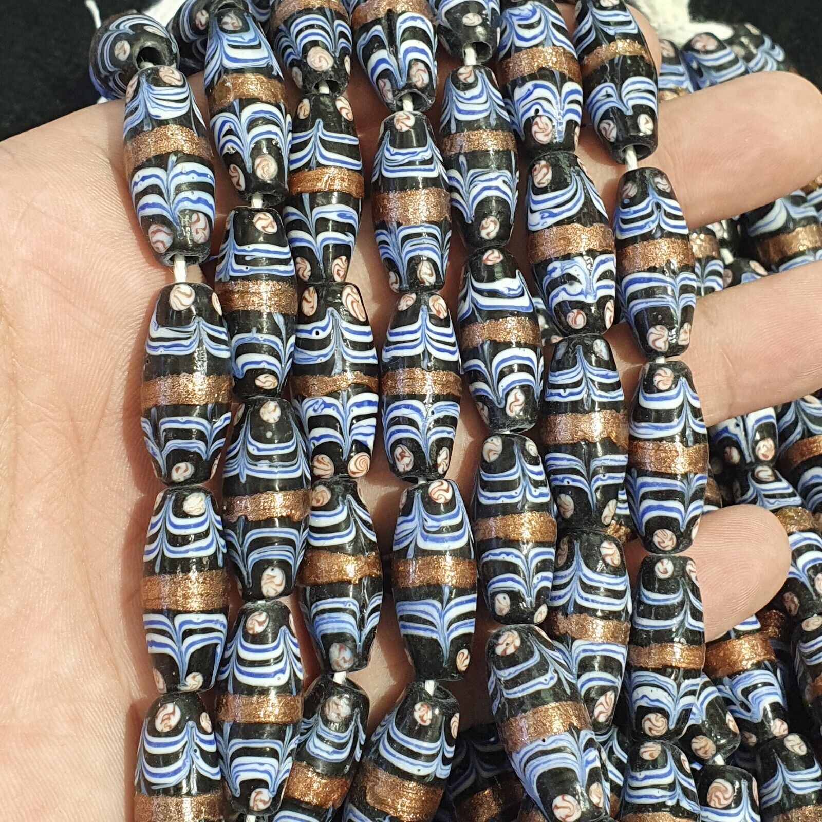 Vintage Blue Fancy Aventurine Glass beads Strand 23x10.5mm