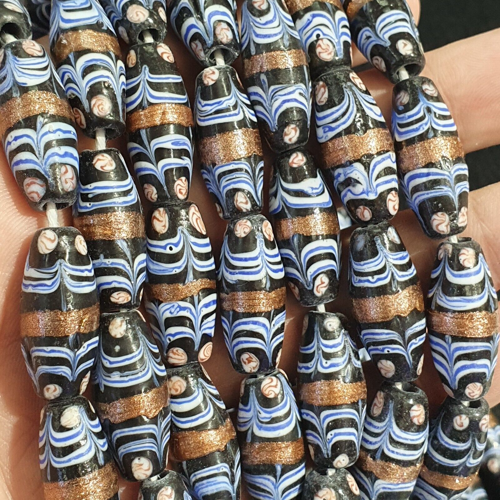 Vintage Blue Fancy Aventurine Glass beads Strand 23x10.5mm