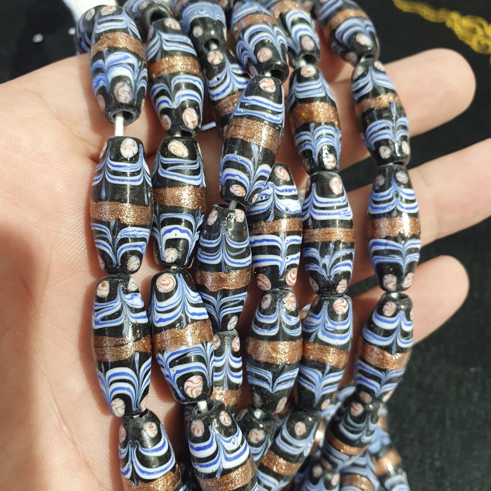 Vintage Blue Fancy Aventurine Glass beads Strand 23x10.5mm