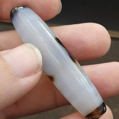 Antique Tibetan Old Grey Agate Dzi Bead " 2 eyes " Amulet Pendant E-23