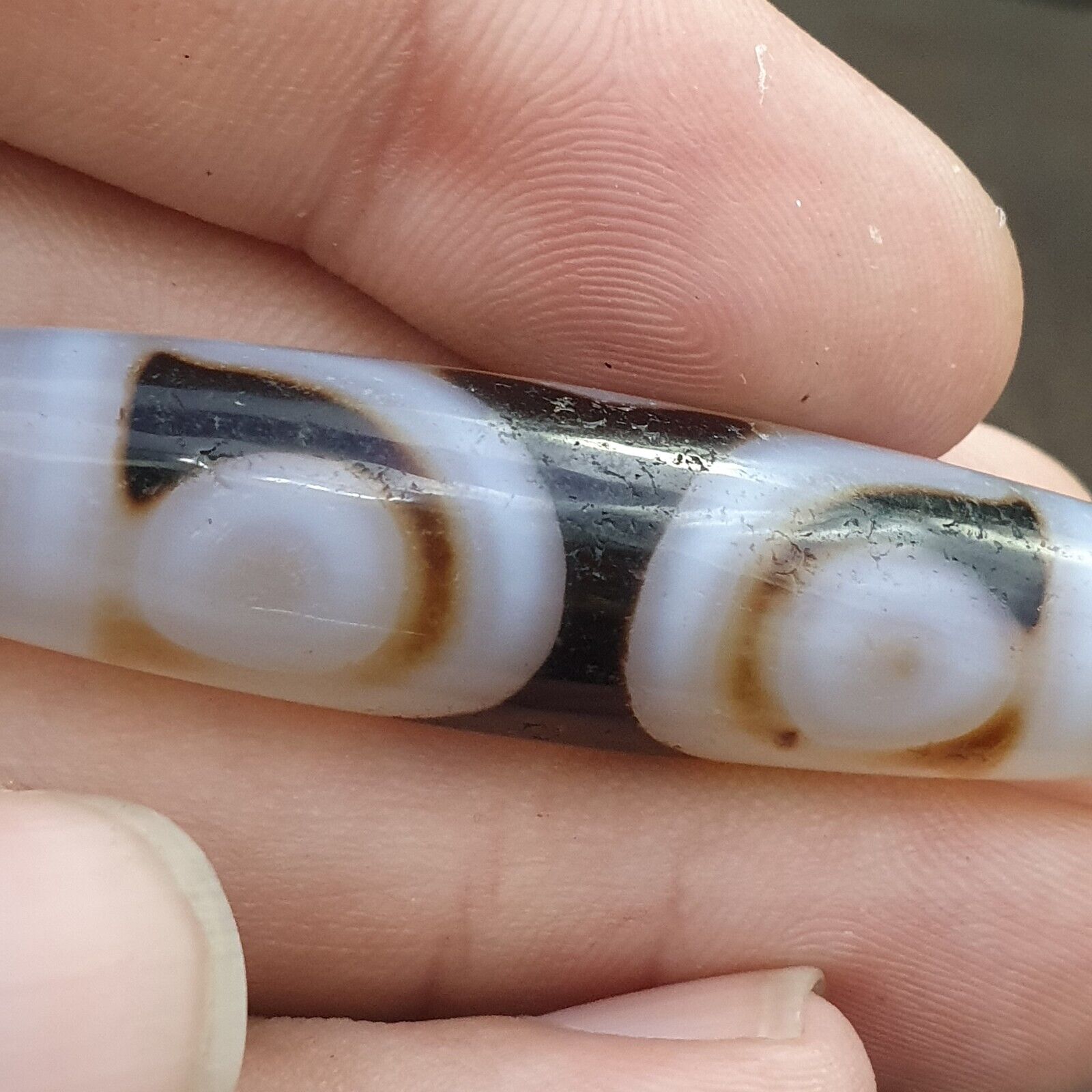Antique Tibetan Old Grey Agate Dzi Bead " 2 eyes " Amulet Pendant E-23