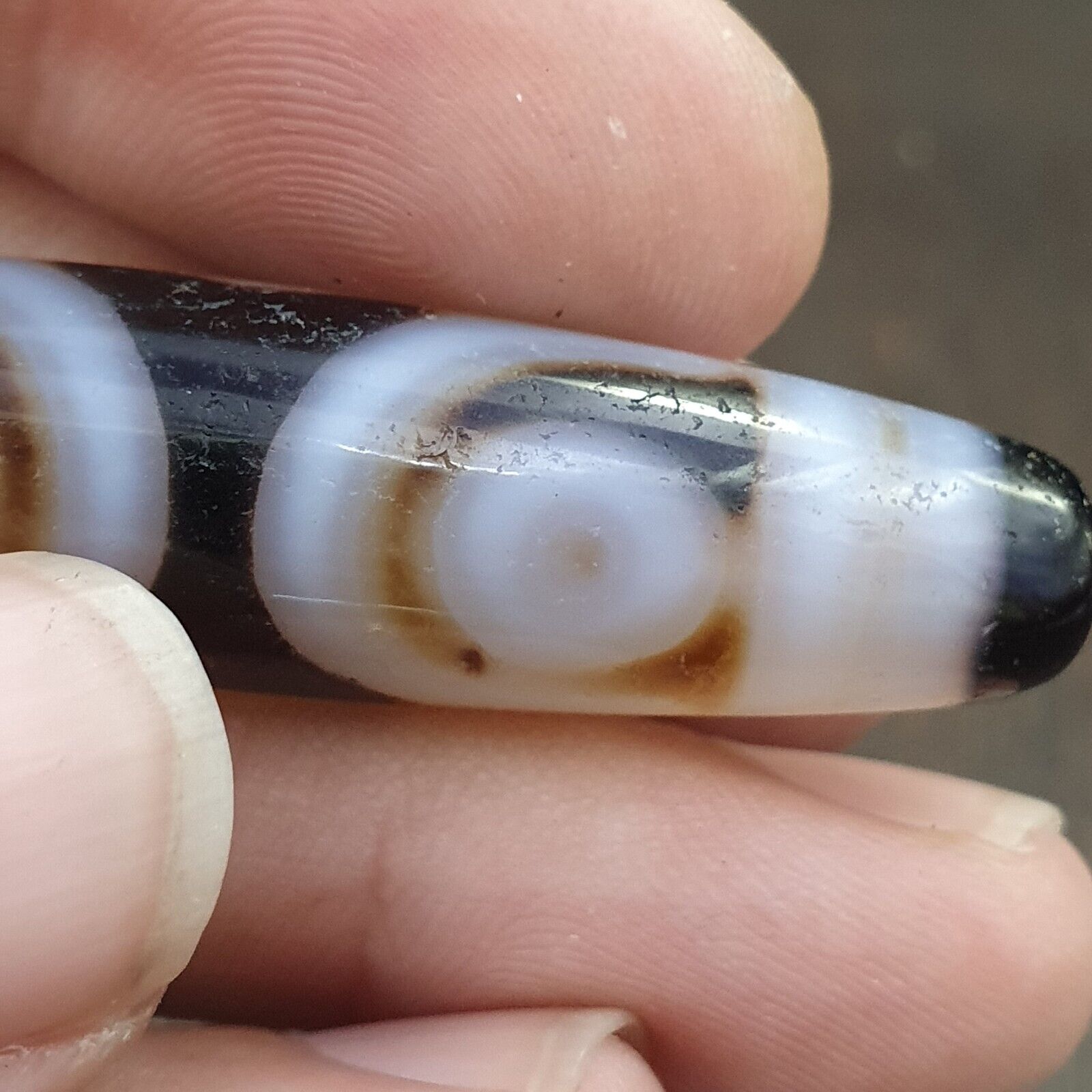 Antique Tibetan Old Grey Agate Dzi Bead " 2 eyes " Amulet Pendant E-23