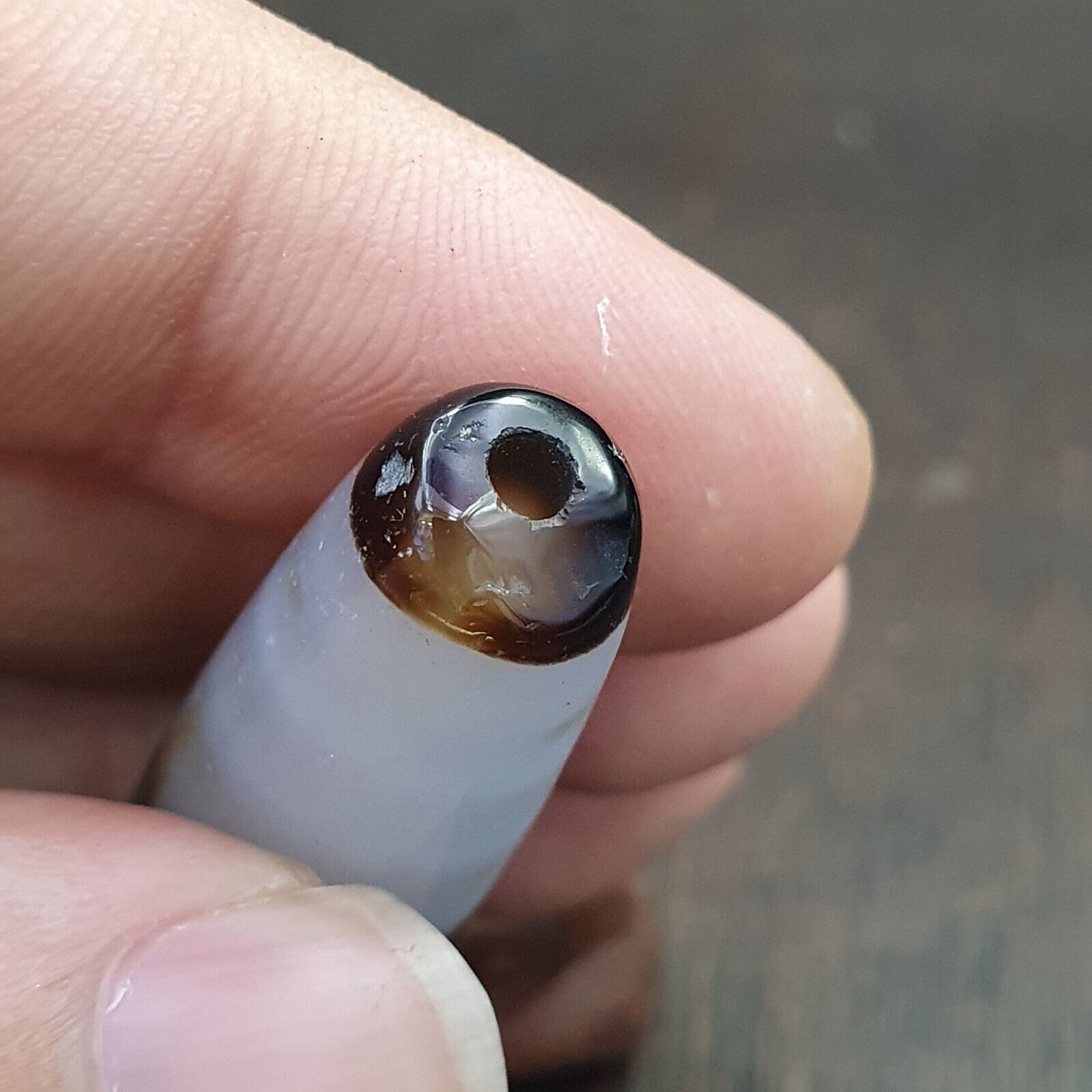 Antique Tibetan Old Grey Agate Dzi Bead " 2 eyes " Amulet Pendant E-23