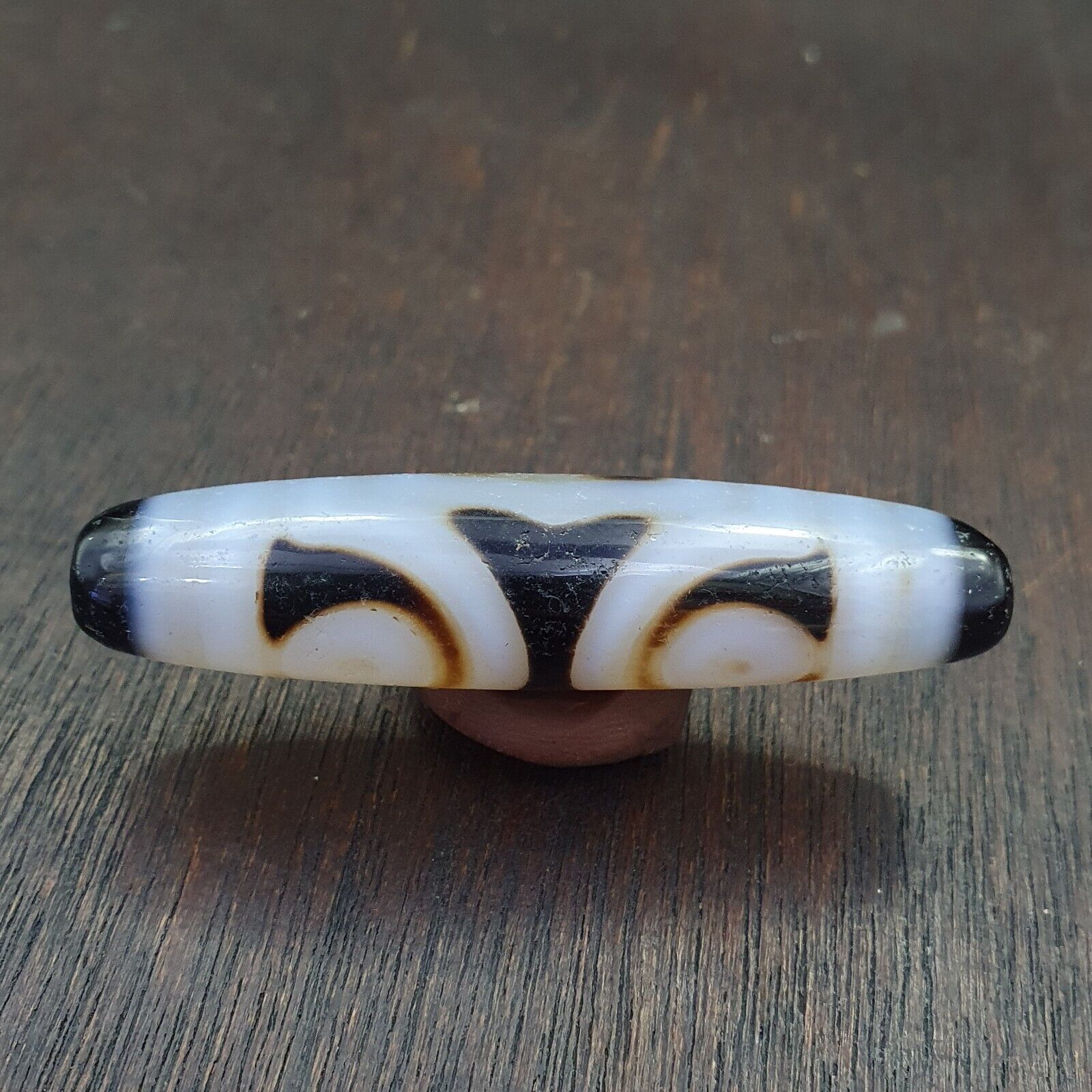 Antique Tibetan Old Grey Agate Dzi Bead " 2 eyes " Amulet Pendant E-23