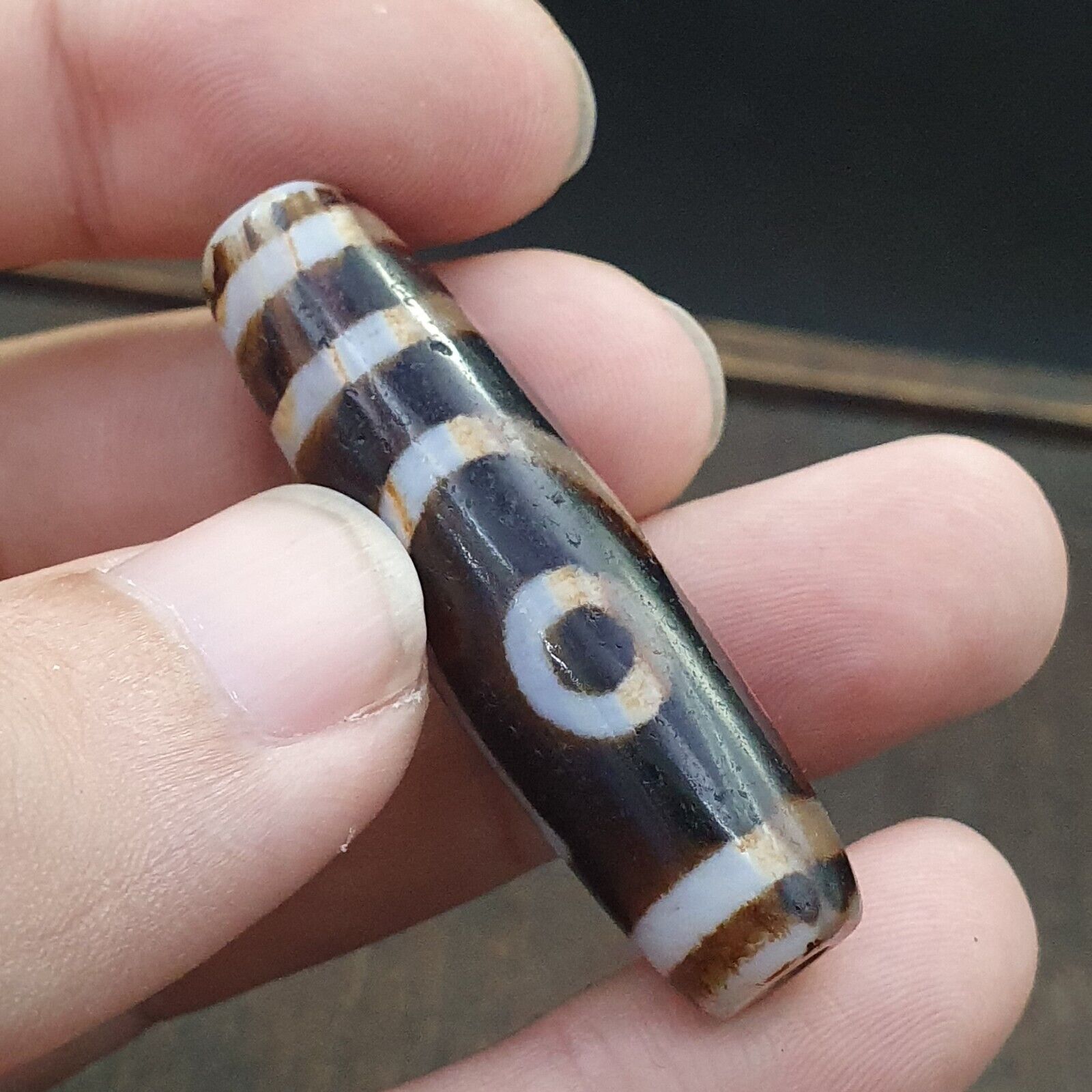 Antique Tibetan Old Rusted Agate Dzi Bead " 2 eyes " Amulet Pendant E-20