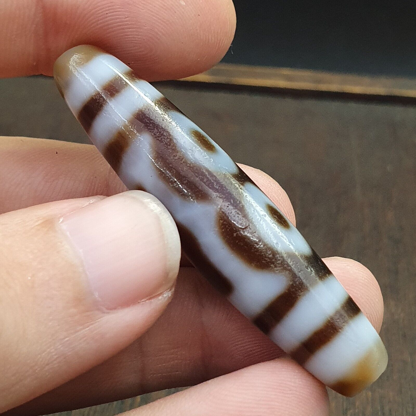 Tibetan Old Agate Dzi Bead " 3 eyes Unique Pattern " Amulet Pendant E-19