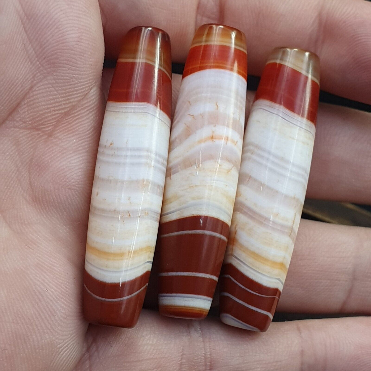 3 Red Agate Beads Vintage Himalayan Tibetan Very Rare Patterns Amulet Beads