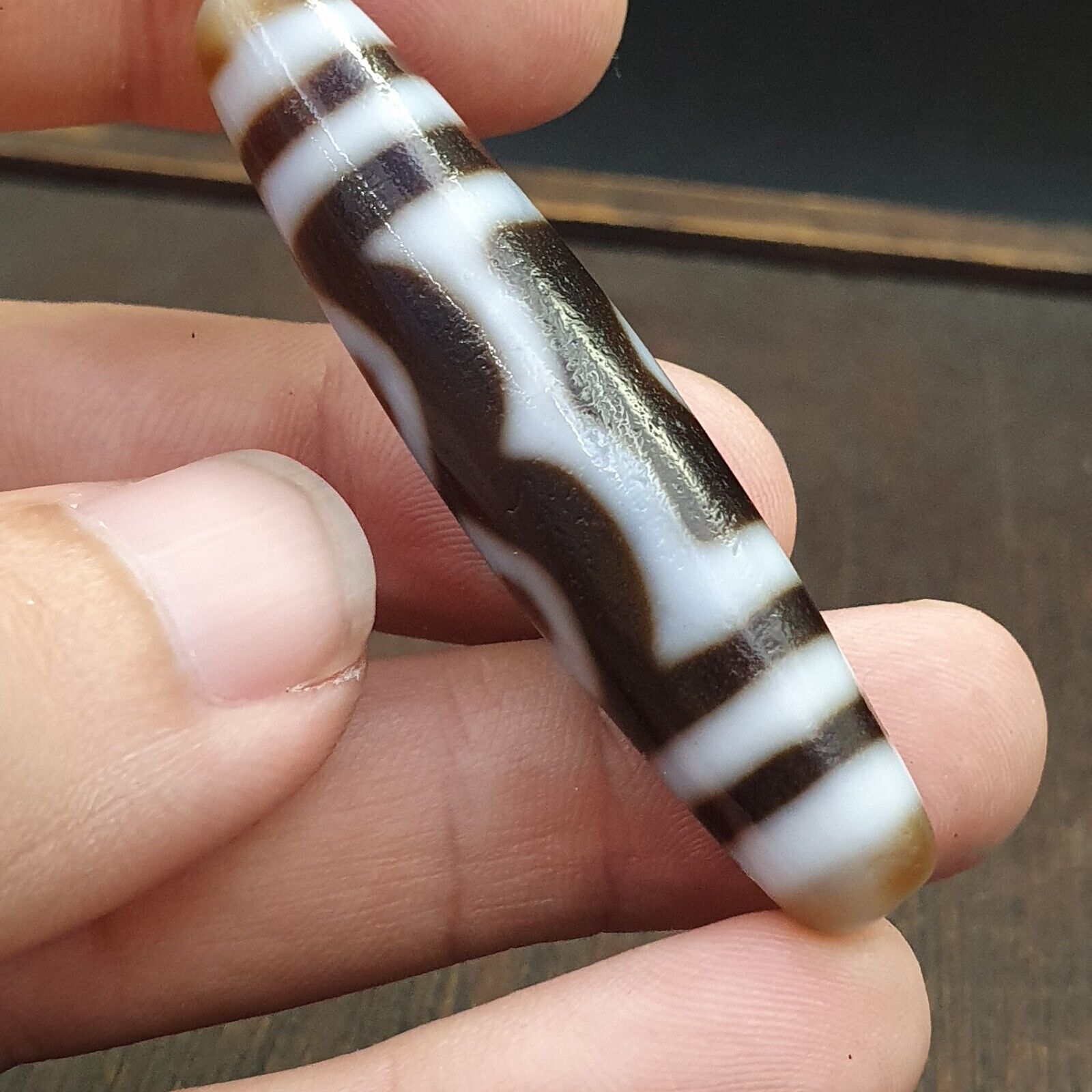 Tibetan Old Agate Dzi Bead " 3 eyes Unique Pattern " Amulet Pendant E-19