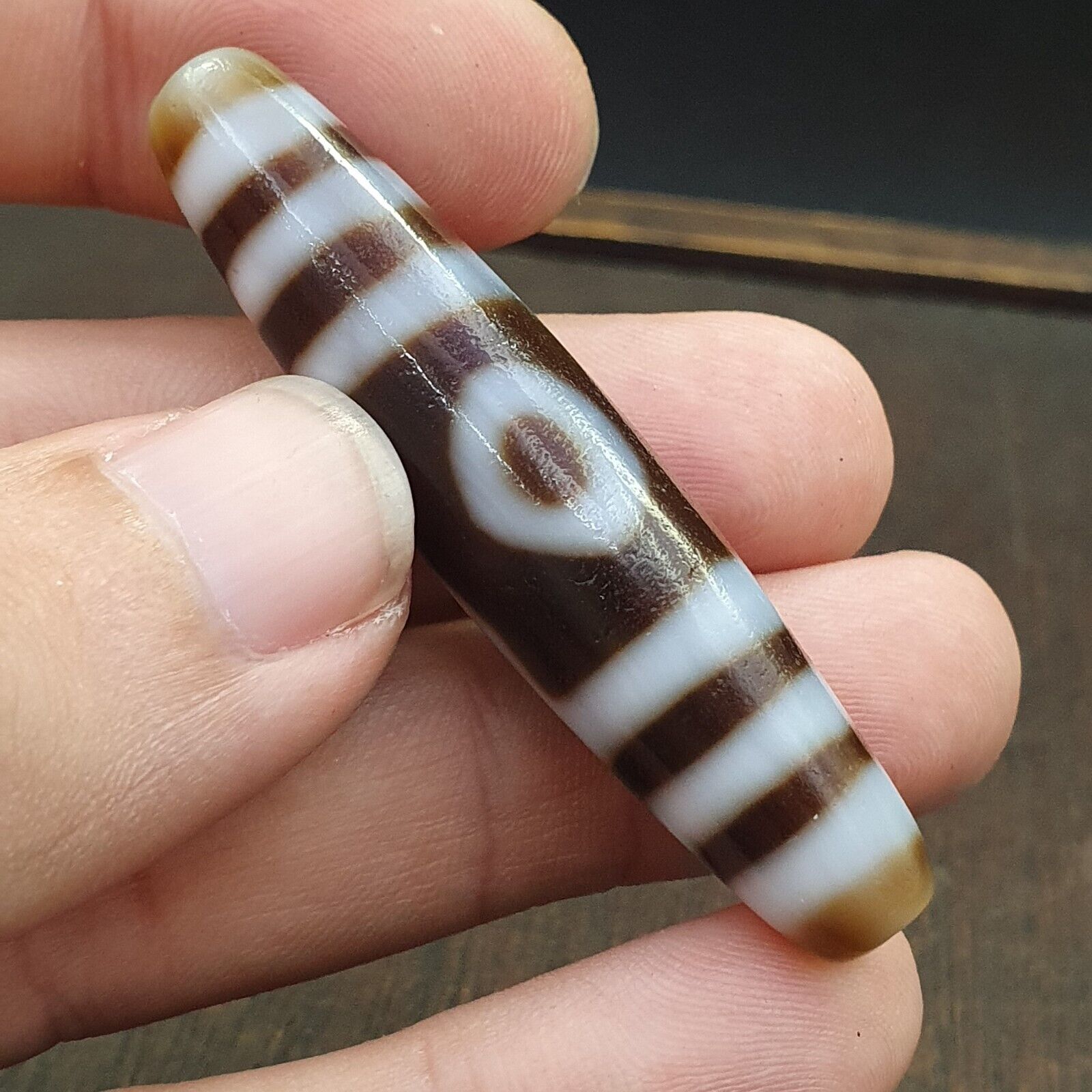 Tibetan Old Agate Dzi Bead " 3 eyes Unique Pattern " Amulet Pendant E-19