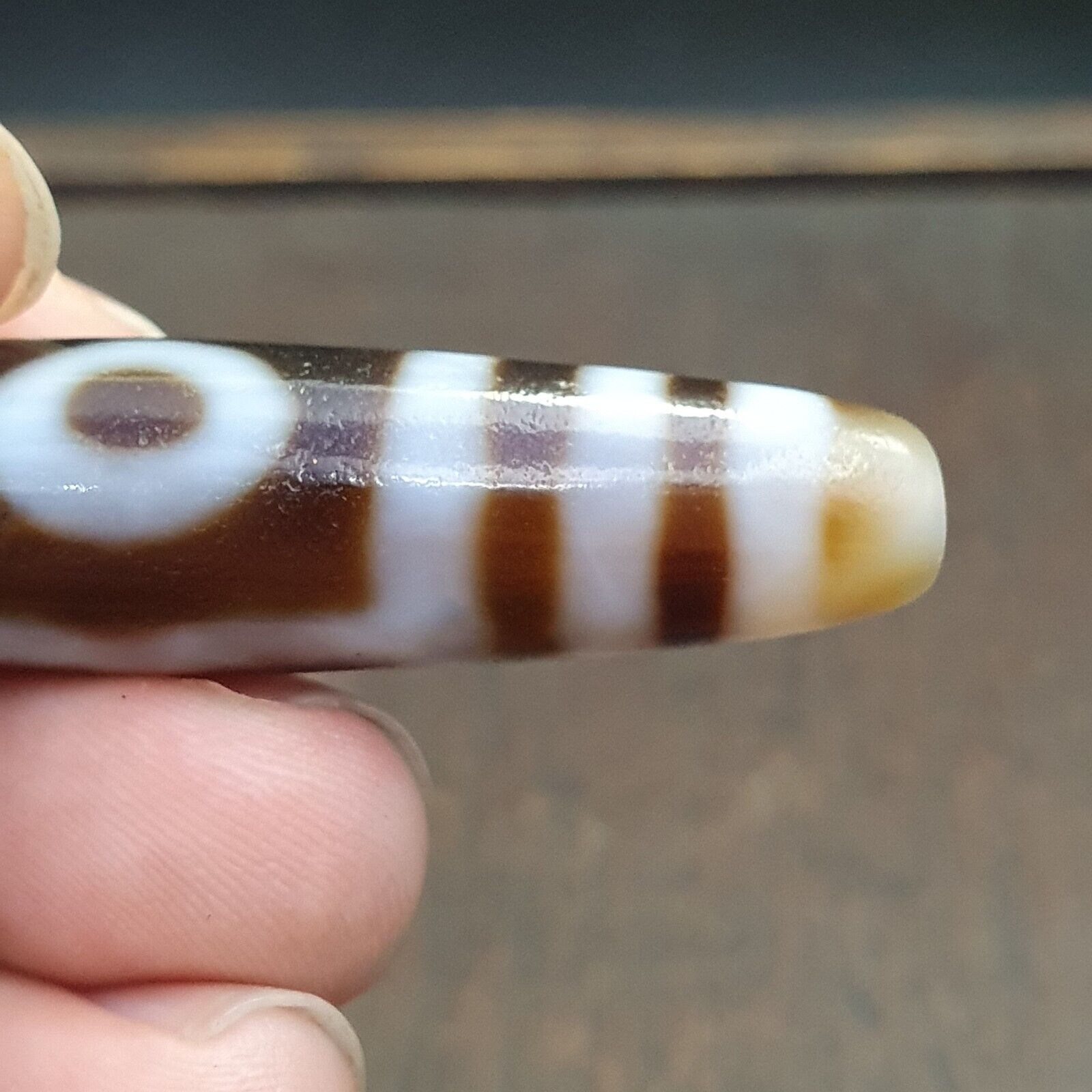 Tibetan Old Agate Dzi Bead " 3 eyes Unique Pattern " Amulet Pendant E-19