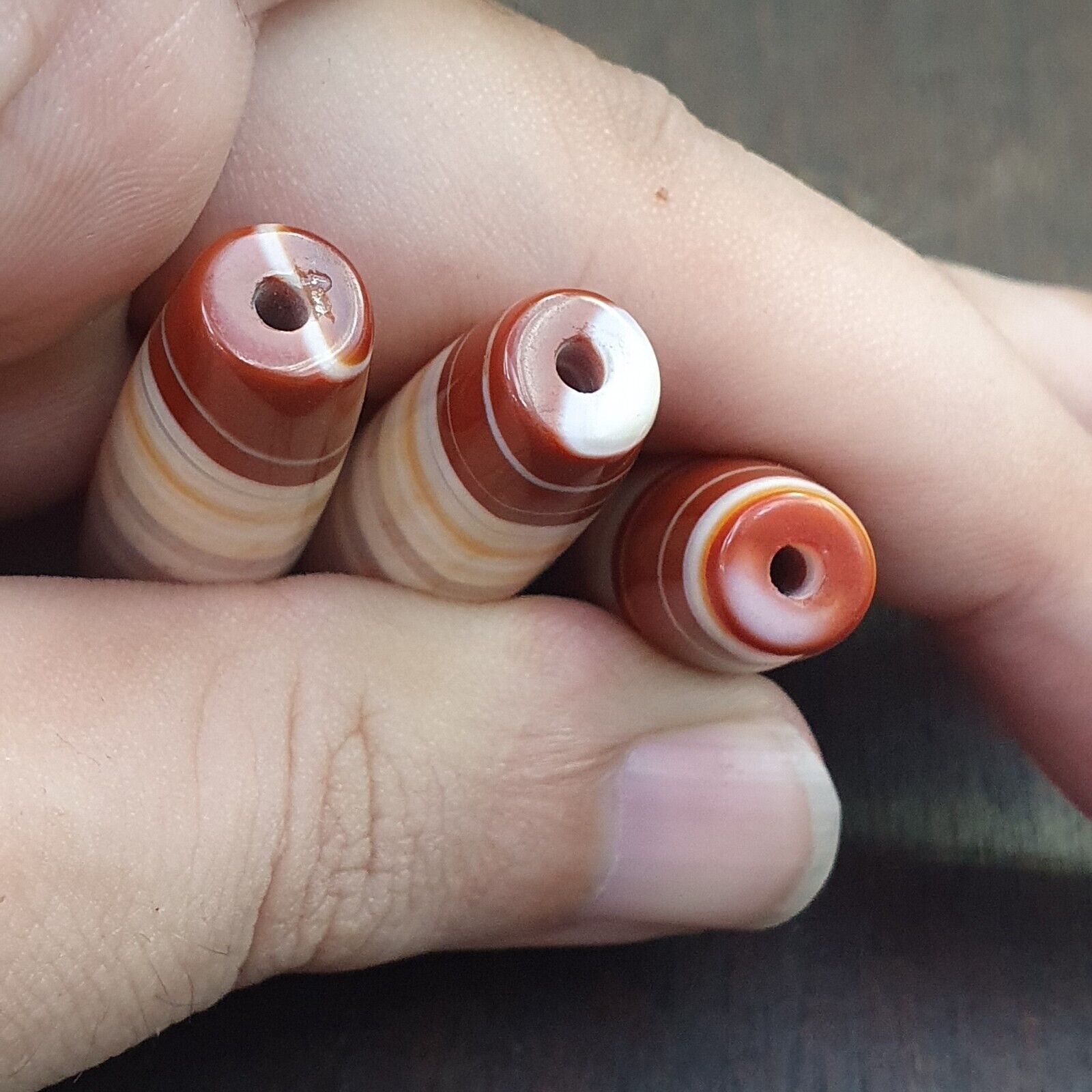 3 Red Agate Beads Vintage Himalayan Tibetan Very Rare Patterns Amulet Beads