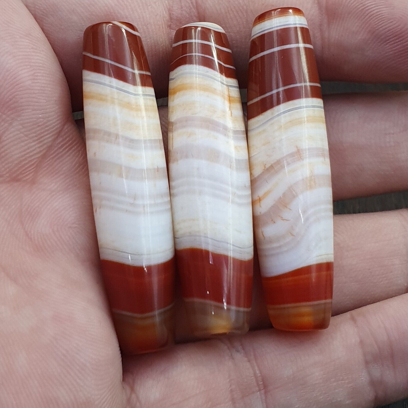 3 Red Agate Beads Vintage Himalayan Tibetan Very Rare Patterns Amulet Beads
