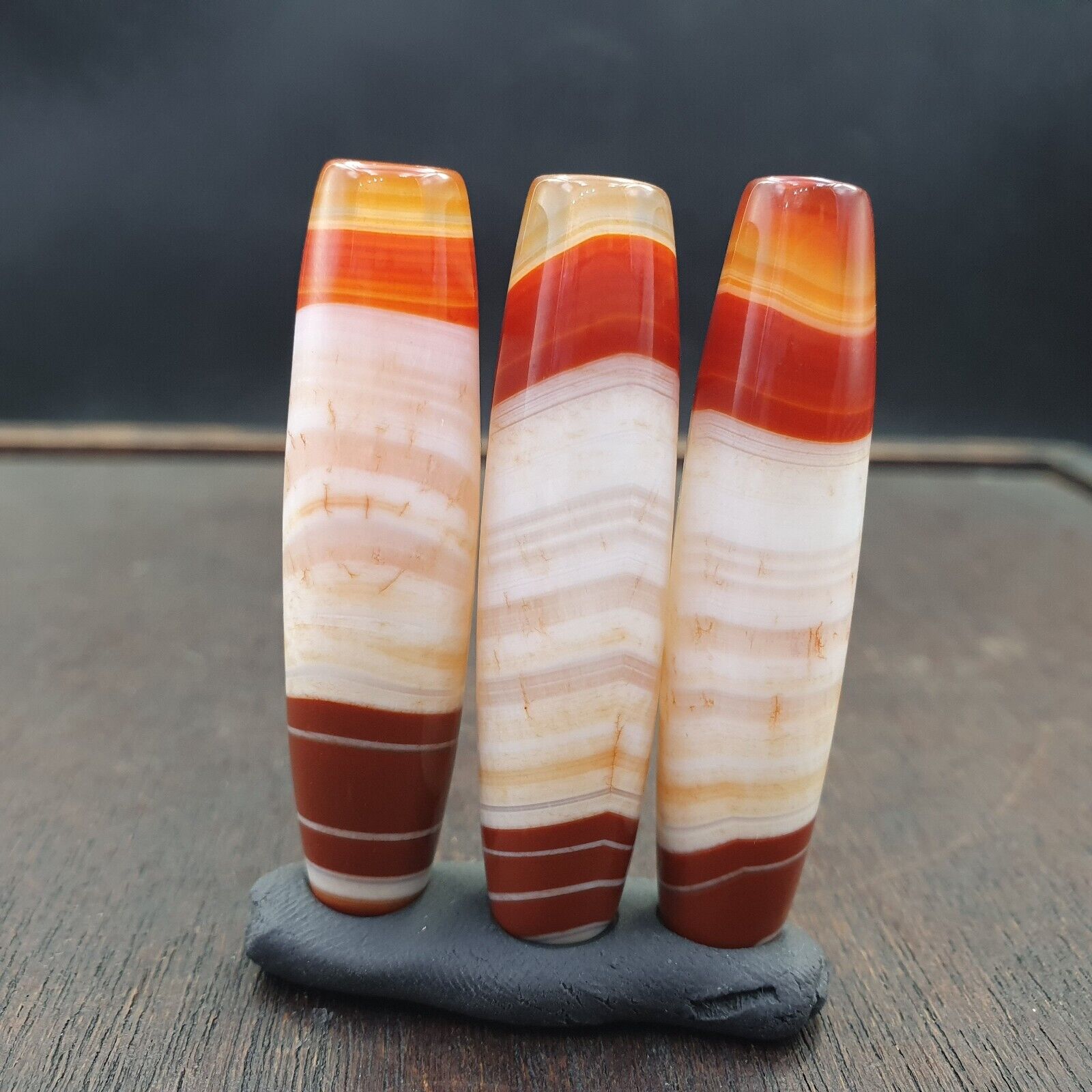 3 Red Agate Beads Vintage Himalayan Tibetan Very Rare Patterns Amulet Beads