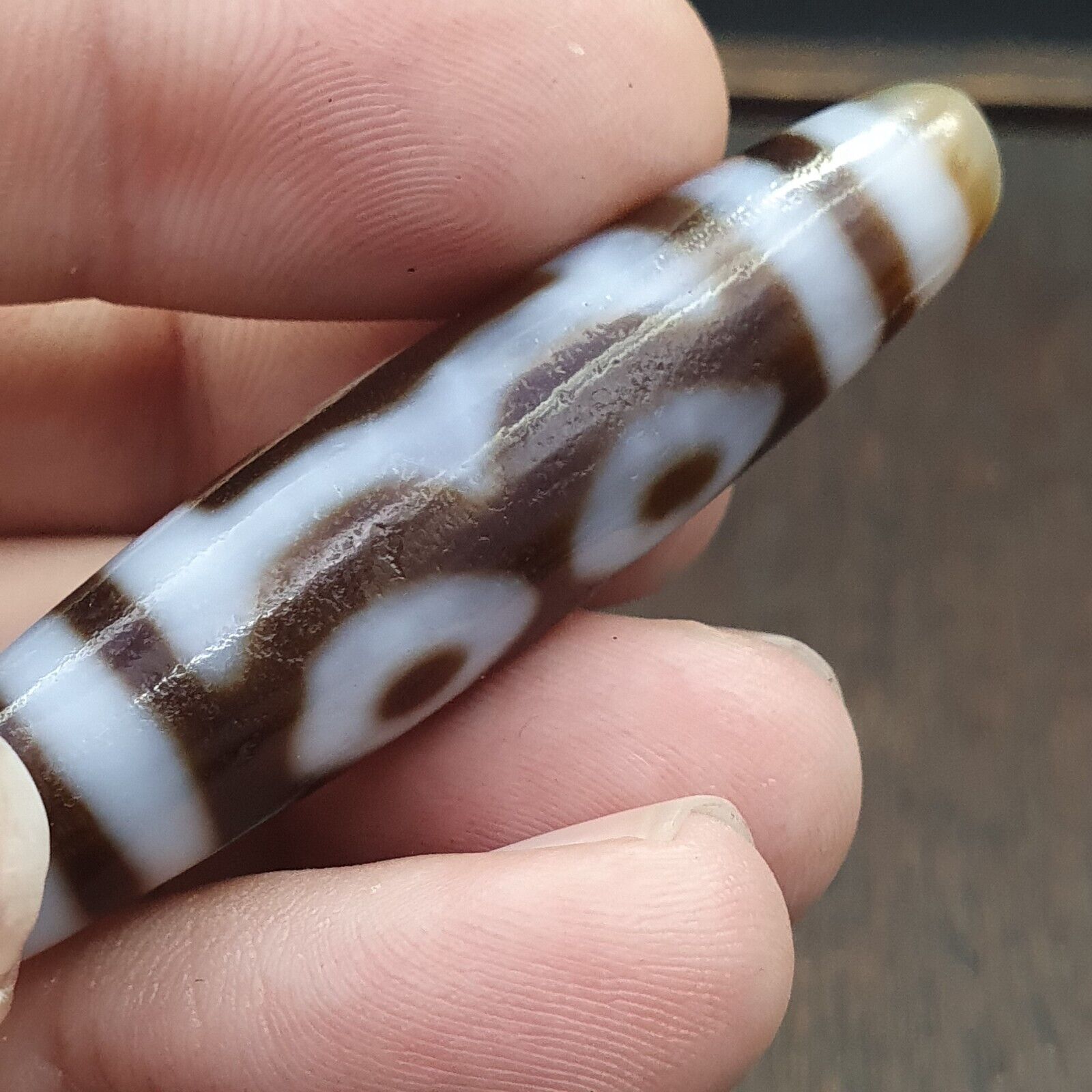 Tibetan Old Agate Dzi Bead " 3 eyes Unique Pattern " Amulet Pendant E-19