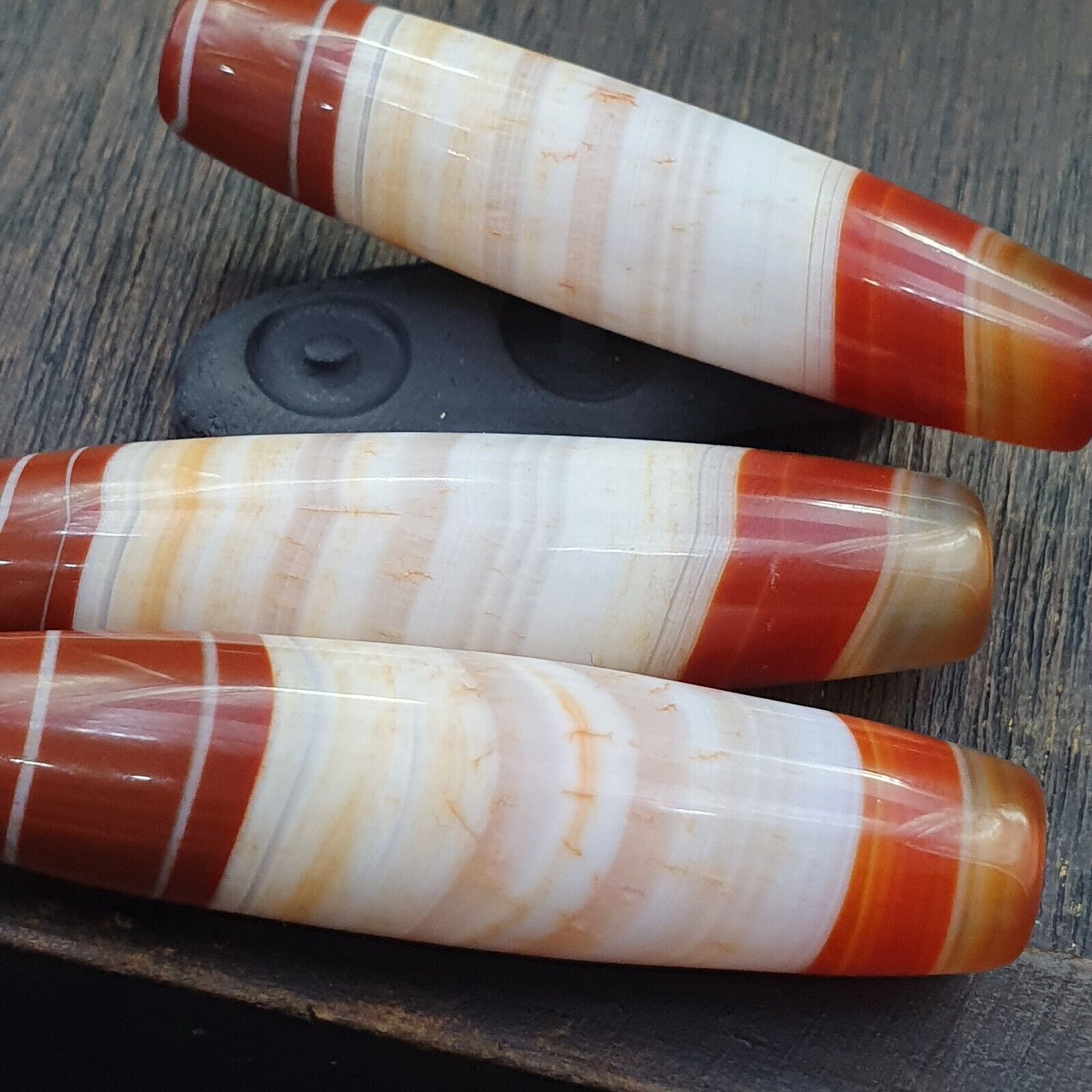 3 Red Agate Beads Vintage Himalayan Tibetan Very Rare Patterns Amulet Beads
