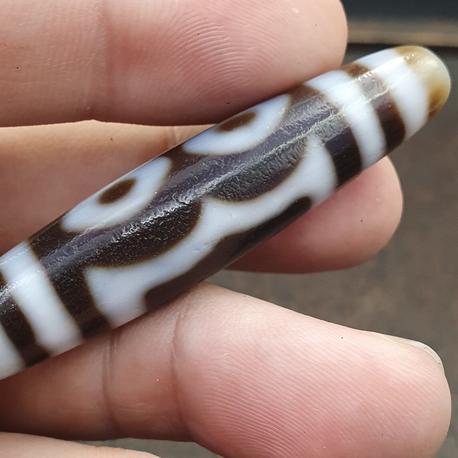 Tibetan Old Agate Dzi Bead " 3 eyes Unique Pattern " Amulet Pendant E-19