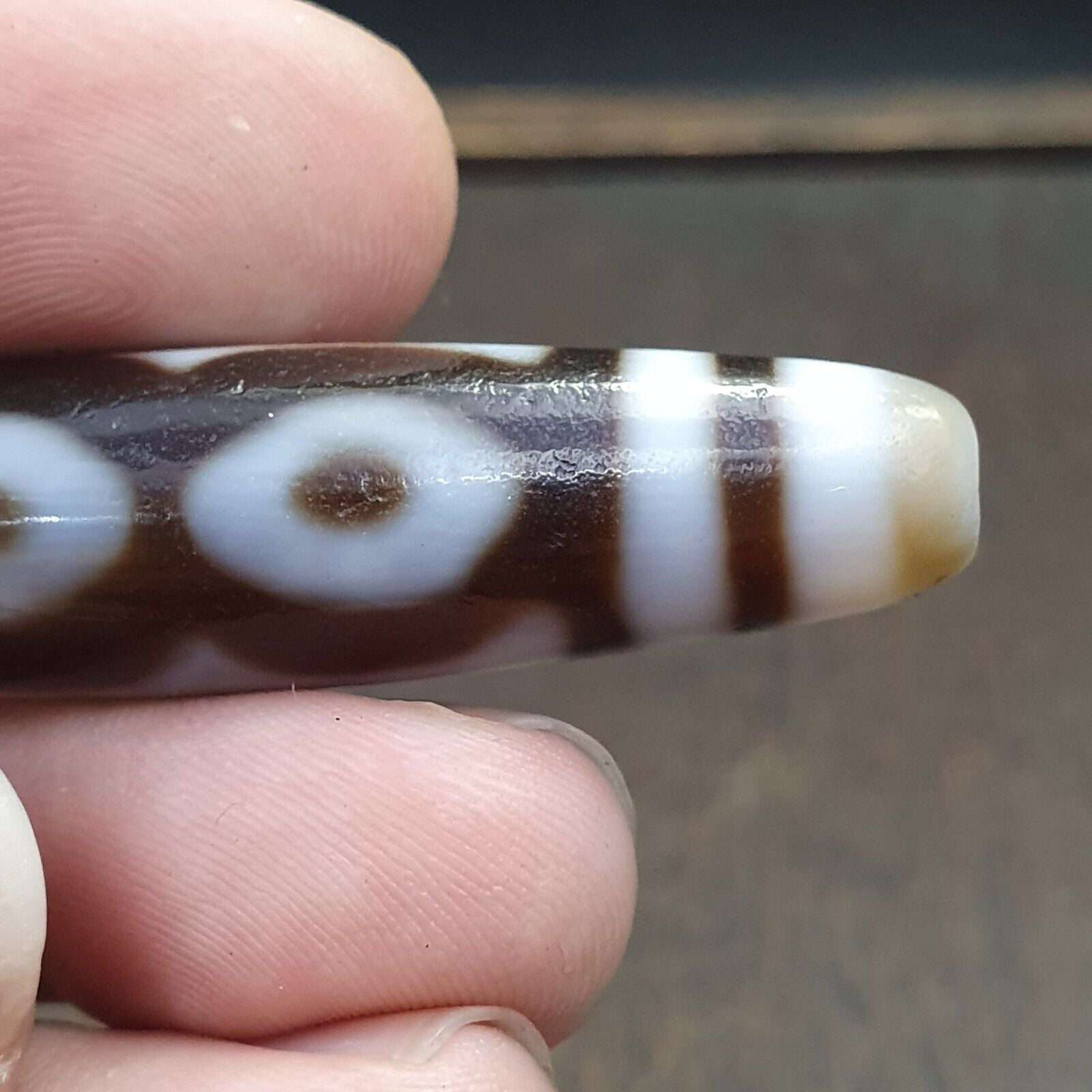 Tibetan Old Agate Dzi Bead " 3 eyes Unique Pattern " Amulet Pendant E-19
