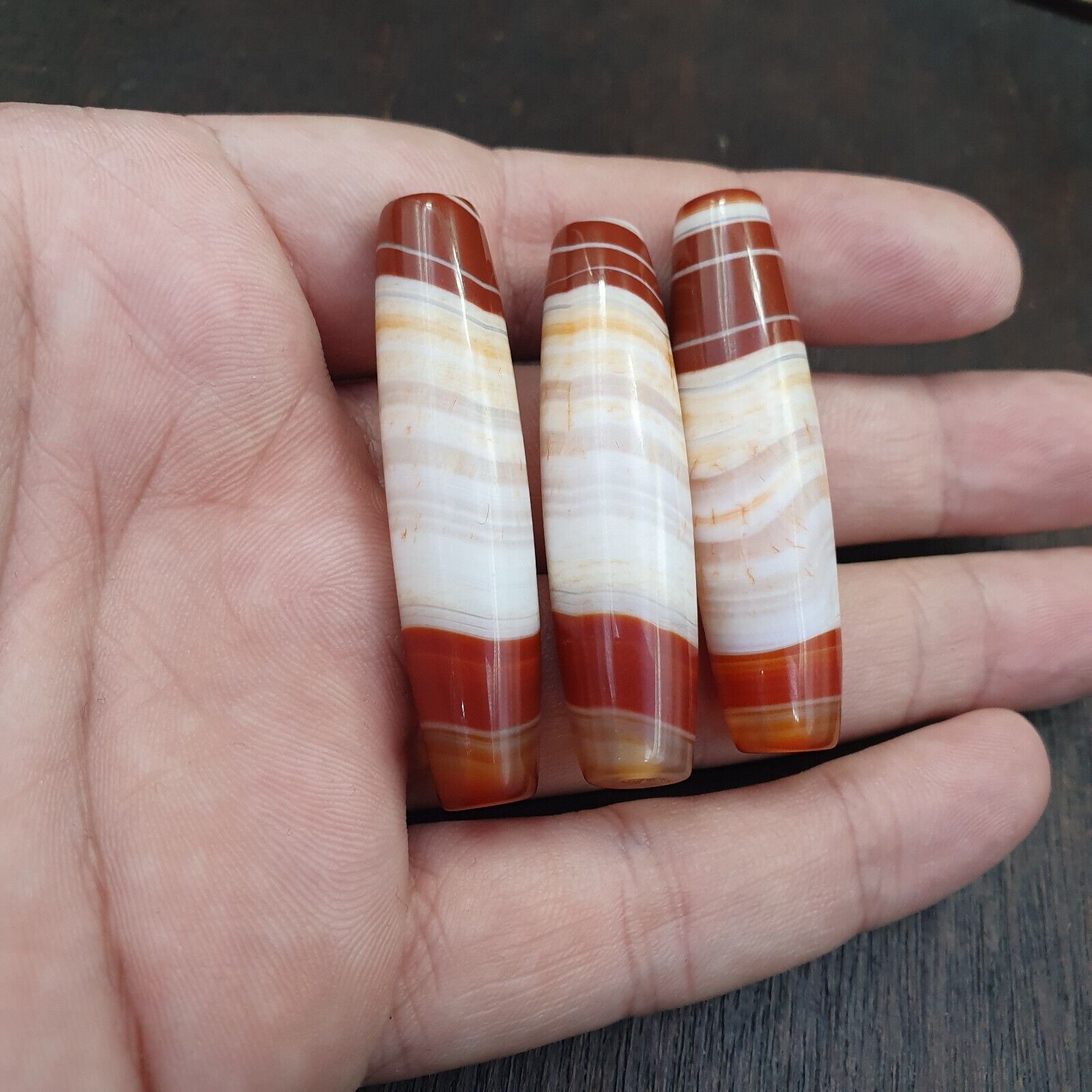 3 Red Agate Beads Vintage Himalayan Tibetan Very Rare Patterns Amulet Beads
