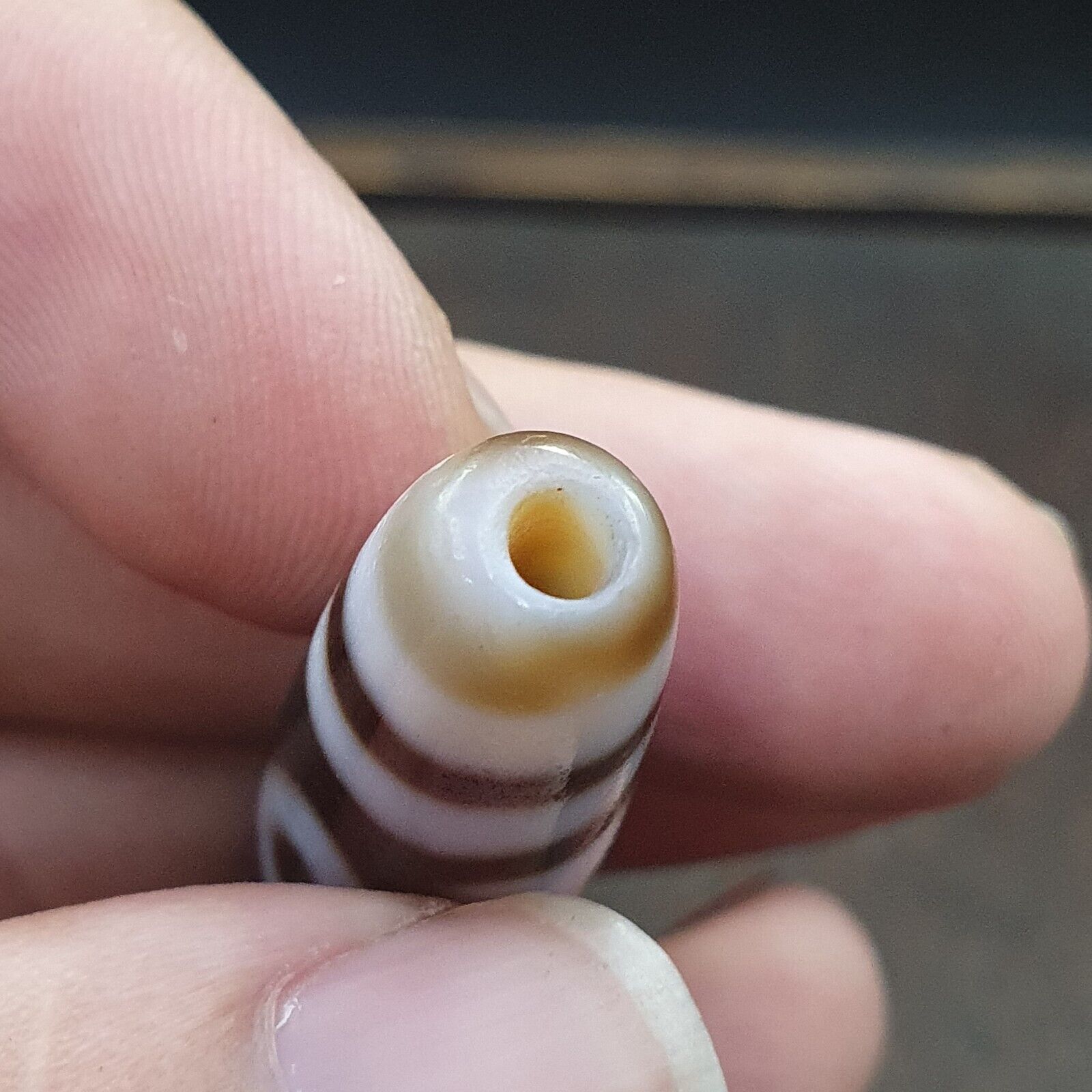 Tibetan Old Agate Dzi Bead " 3 eyes Unique Pattern " Amulet Pendant E-19