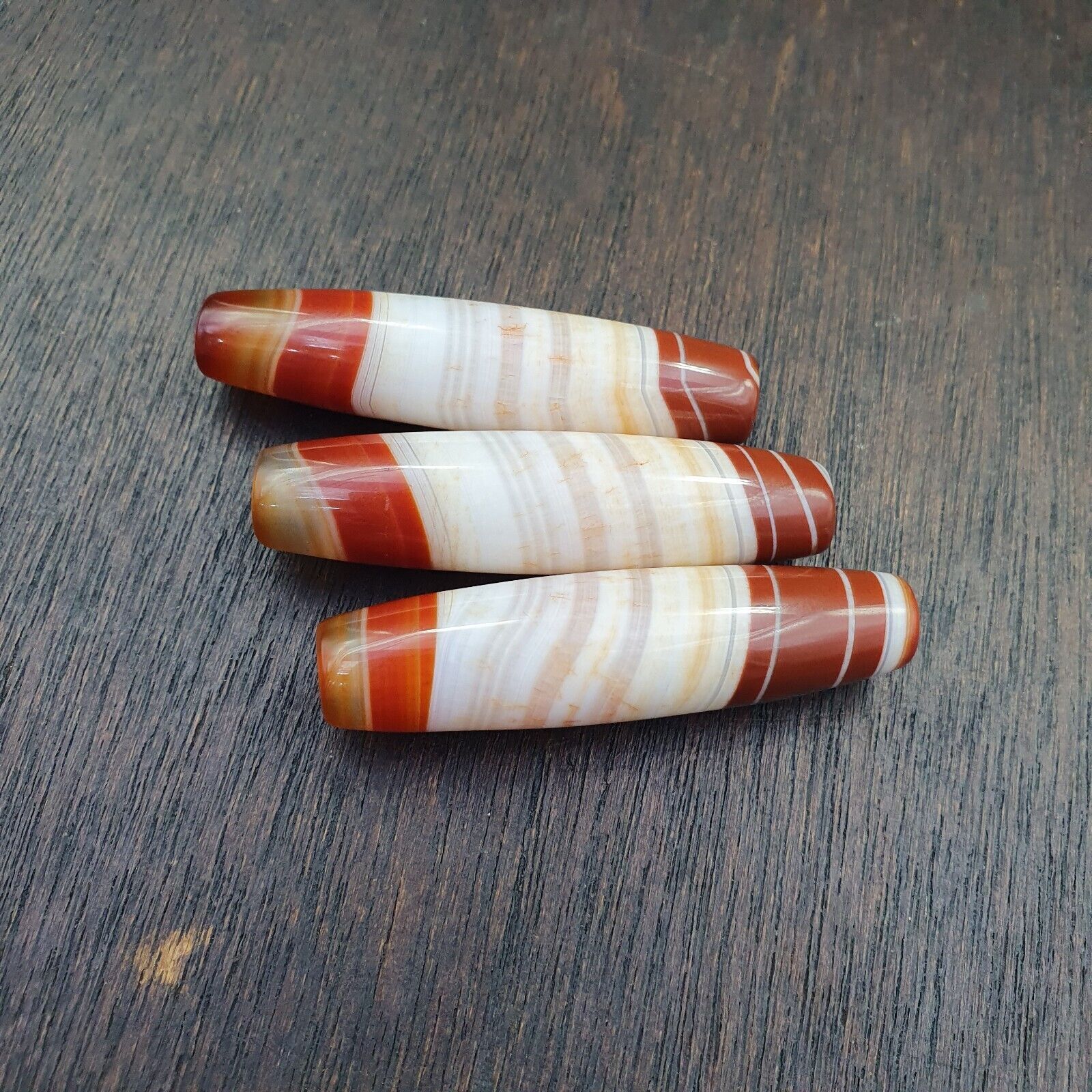 3 Red Agate Beads Vintage Himalayan Tibetan Very Rare Patterns Amulet Beads
