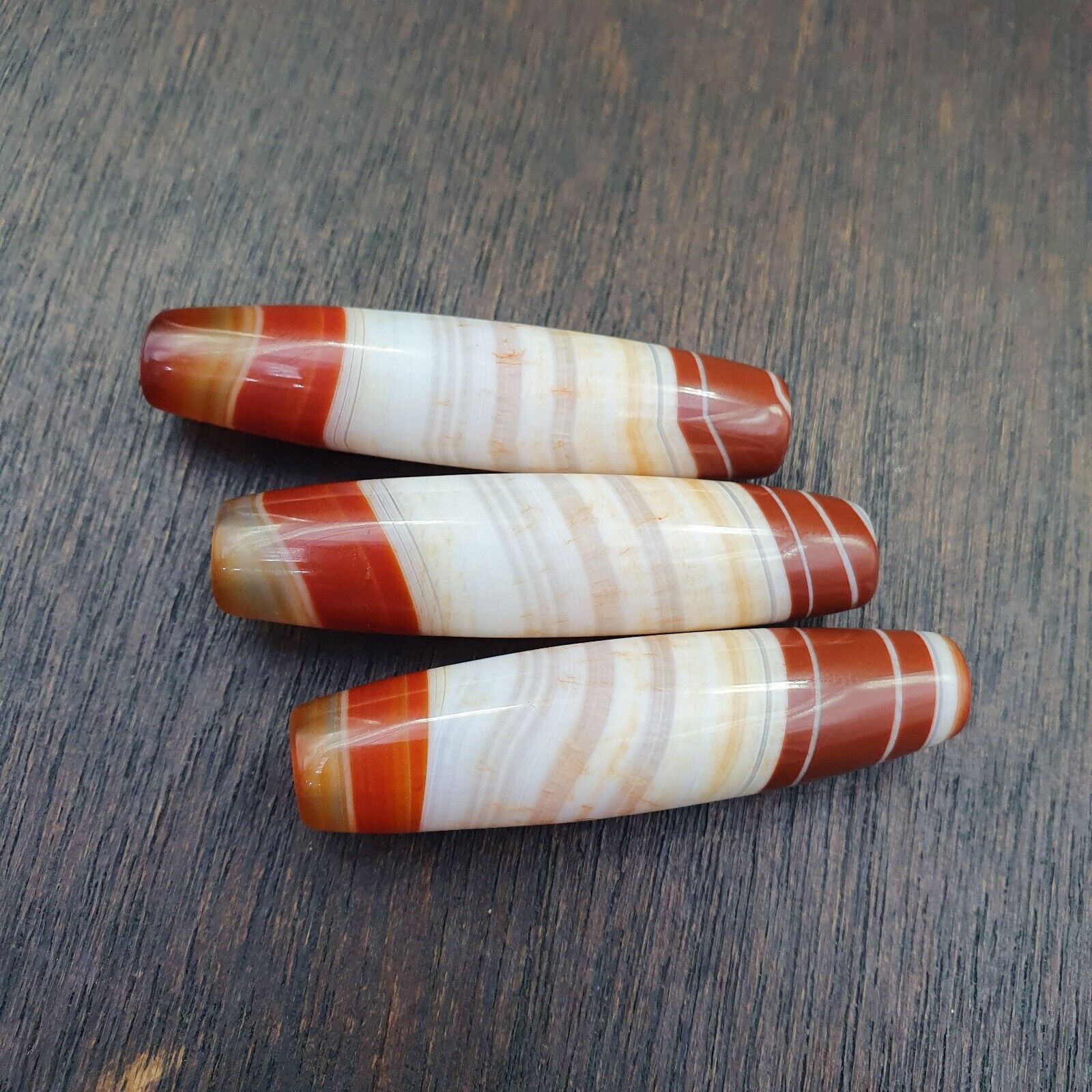 3 Red Agate Beads Vintage Himalayan Tibetan Very Rare Patterns Amulet Beads
