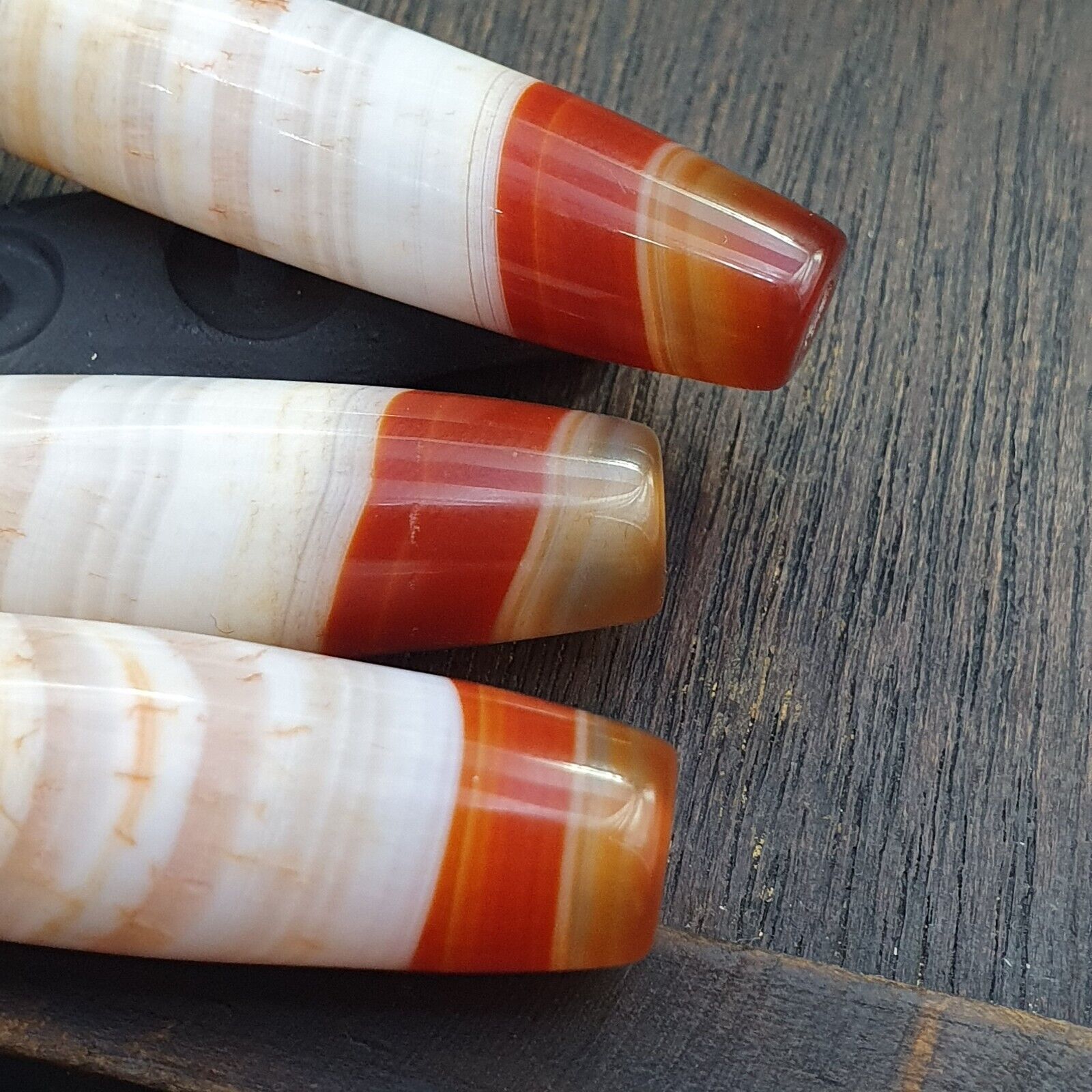 3 Red Agate Beads Vintage Himalayan Tibetan Very Rare Patterns Amulet Beads