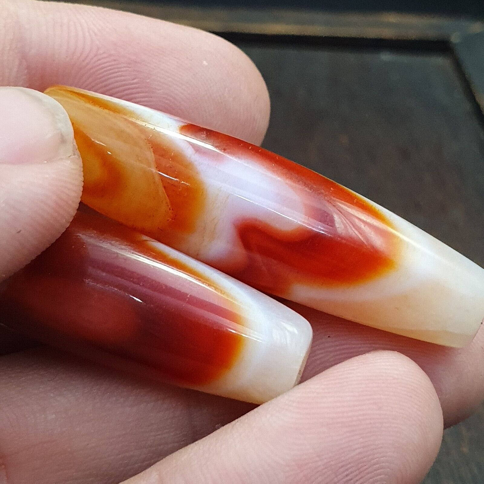 2 Red Agate Beads Vintage Himalayan Tibetan Agate Rare Patterns Beads