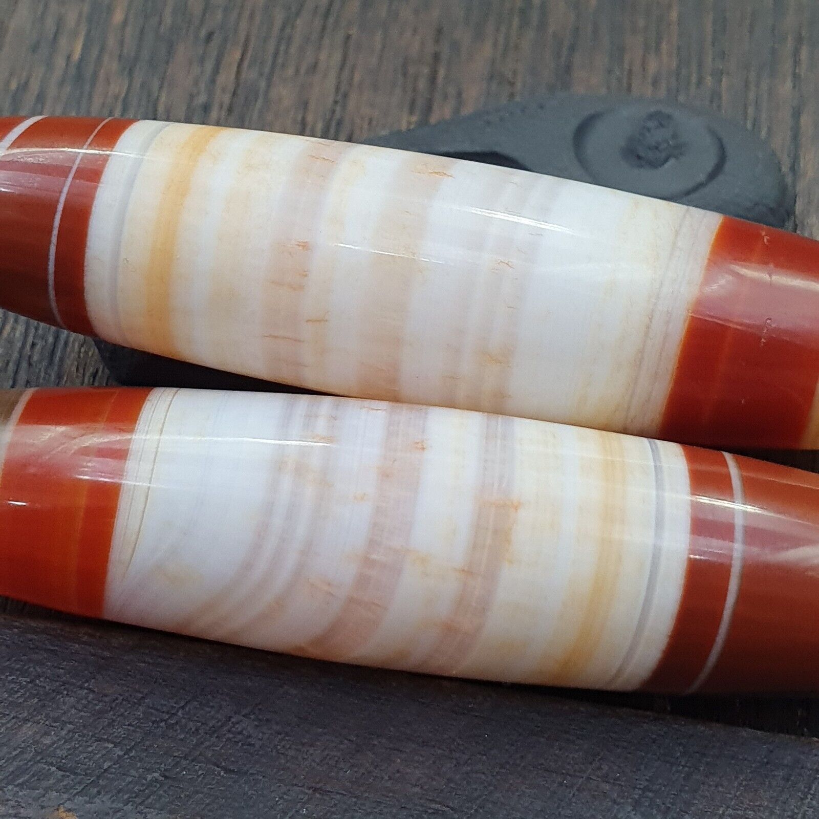 3 Red Agate Beads Vintage Himalayan Tibetan Very Rare Patterns Amulet Beads